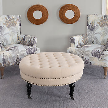 Linon Isabelle 35 Round Linen Tufted, Round Tufted Ottomans