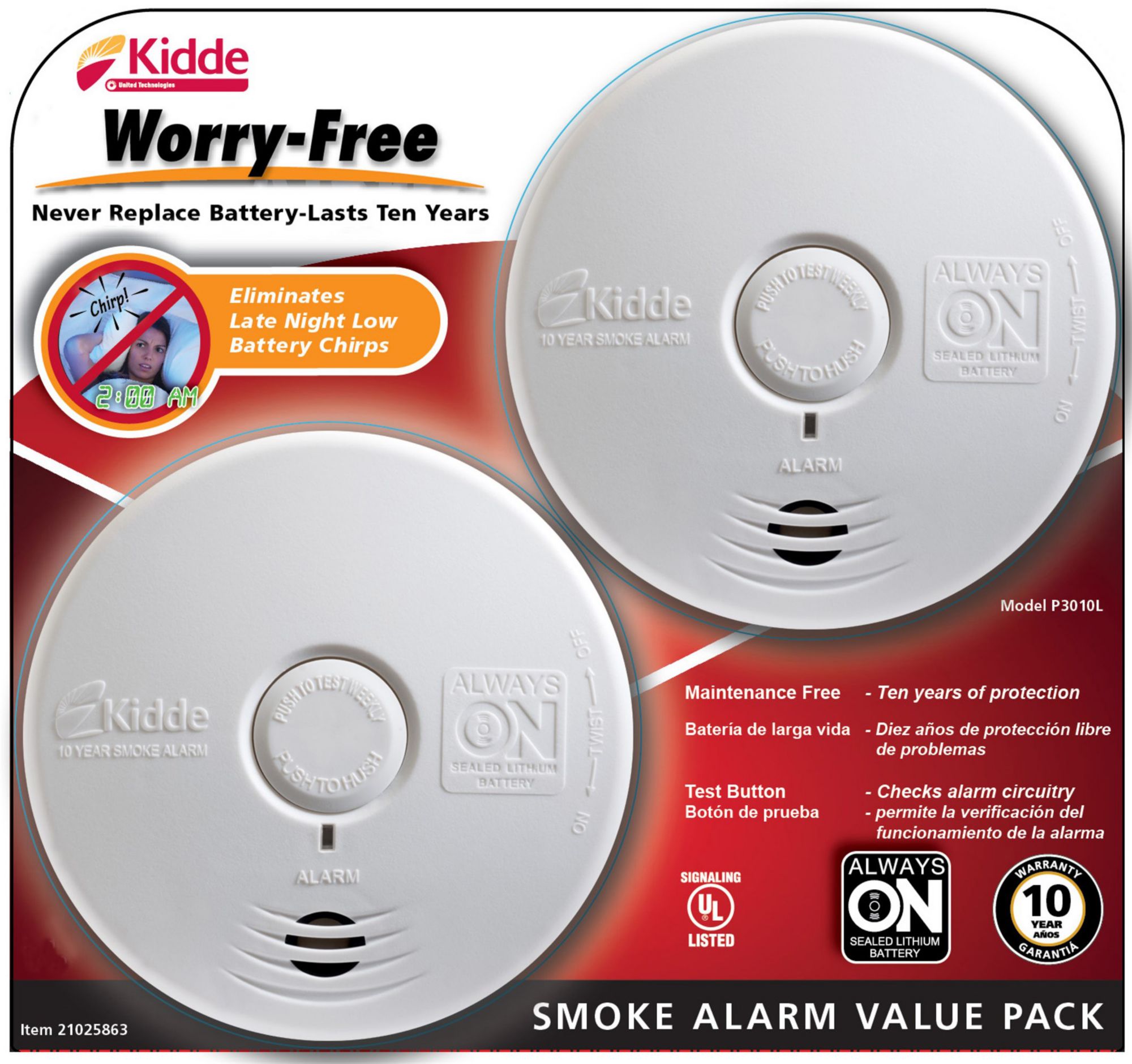 Kidde Worry-Free Smoke Alarms, 2 pk. - White