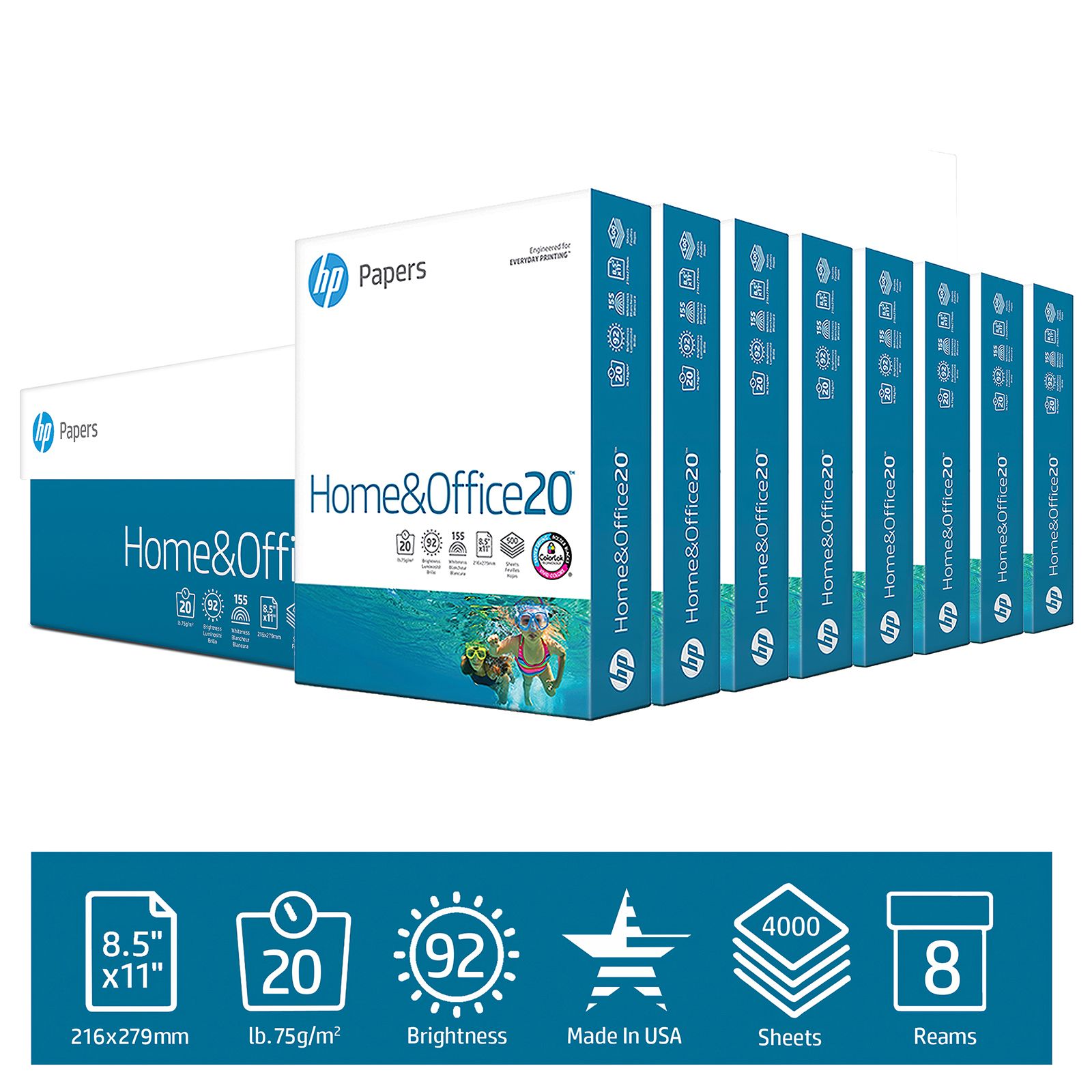 HP Home & Office Copy Paper, 92 Brightness, 20 lb., 8 1/2&quot; x 11&quot;, 8 Reams, 4,000 Sheets/Carton