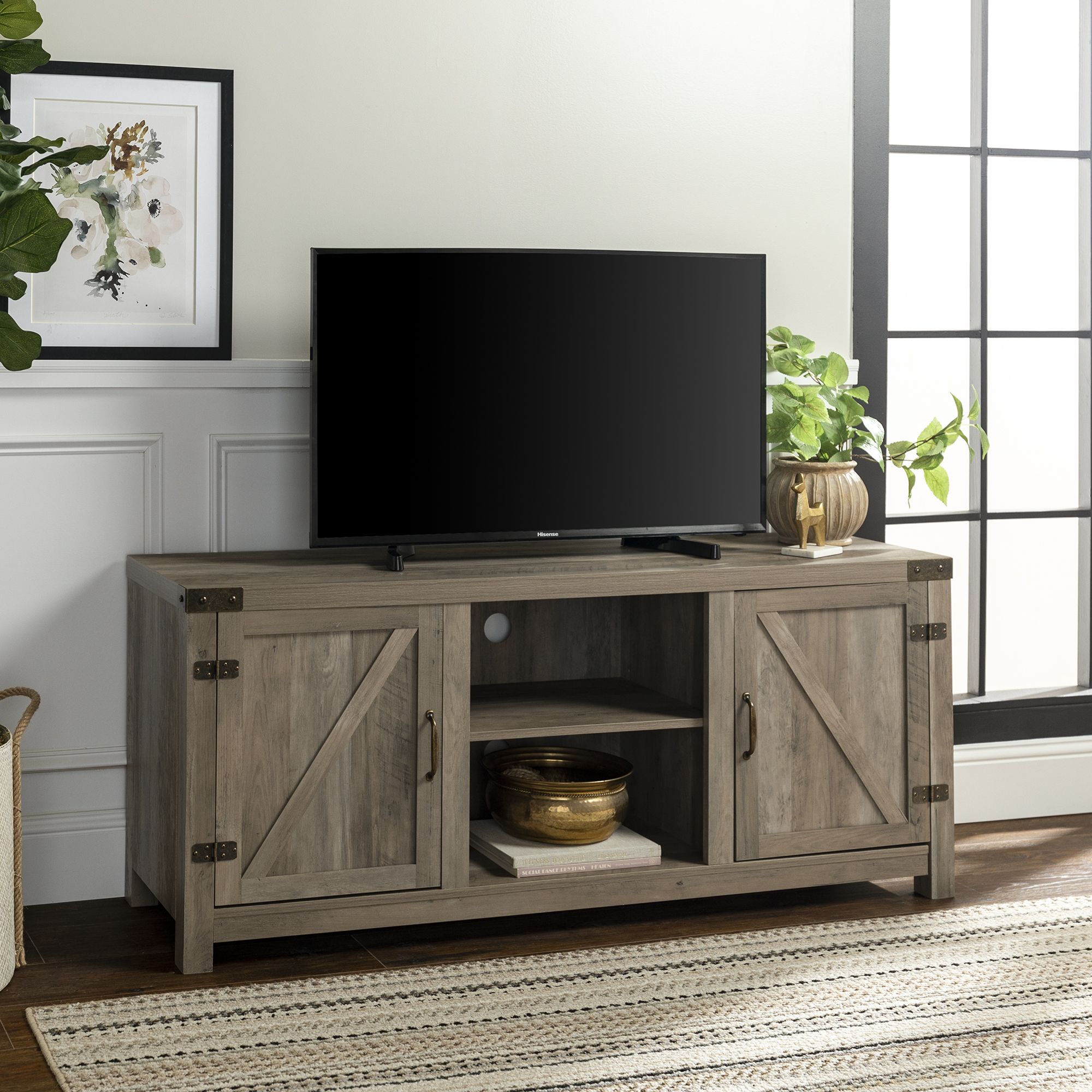 W. Trends 58&quot; Farmhouse 2 Barn Door TV Stand for Most TV's up to 65&quot; - Grey Wash