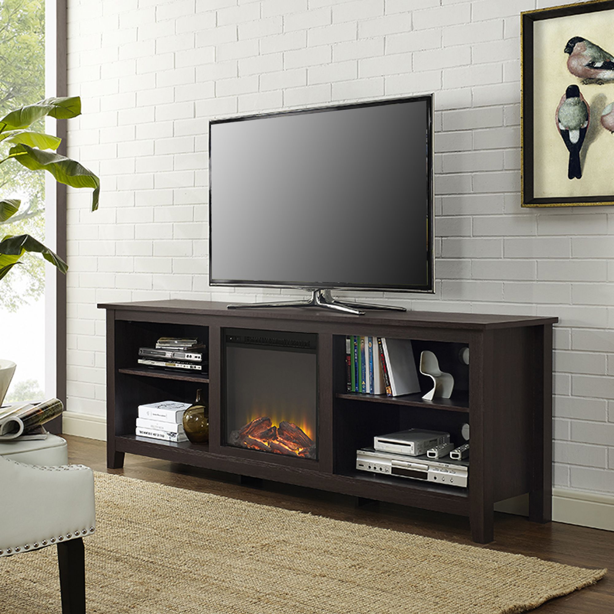 W. Trends 70&quot; Rustic Open Storage Fireplace TV Stand or TVs up to 80&quot; - Espresso