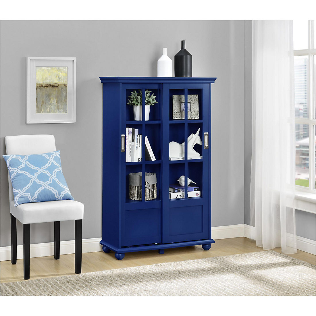 Ameriwood Home Aaron Lane Bookcase With Sliding Glass Doors Blue