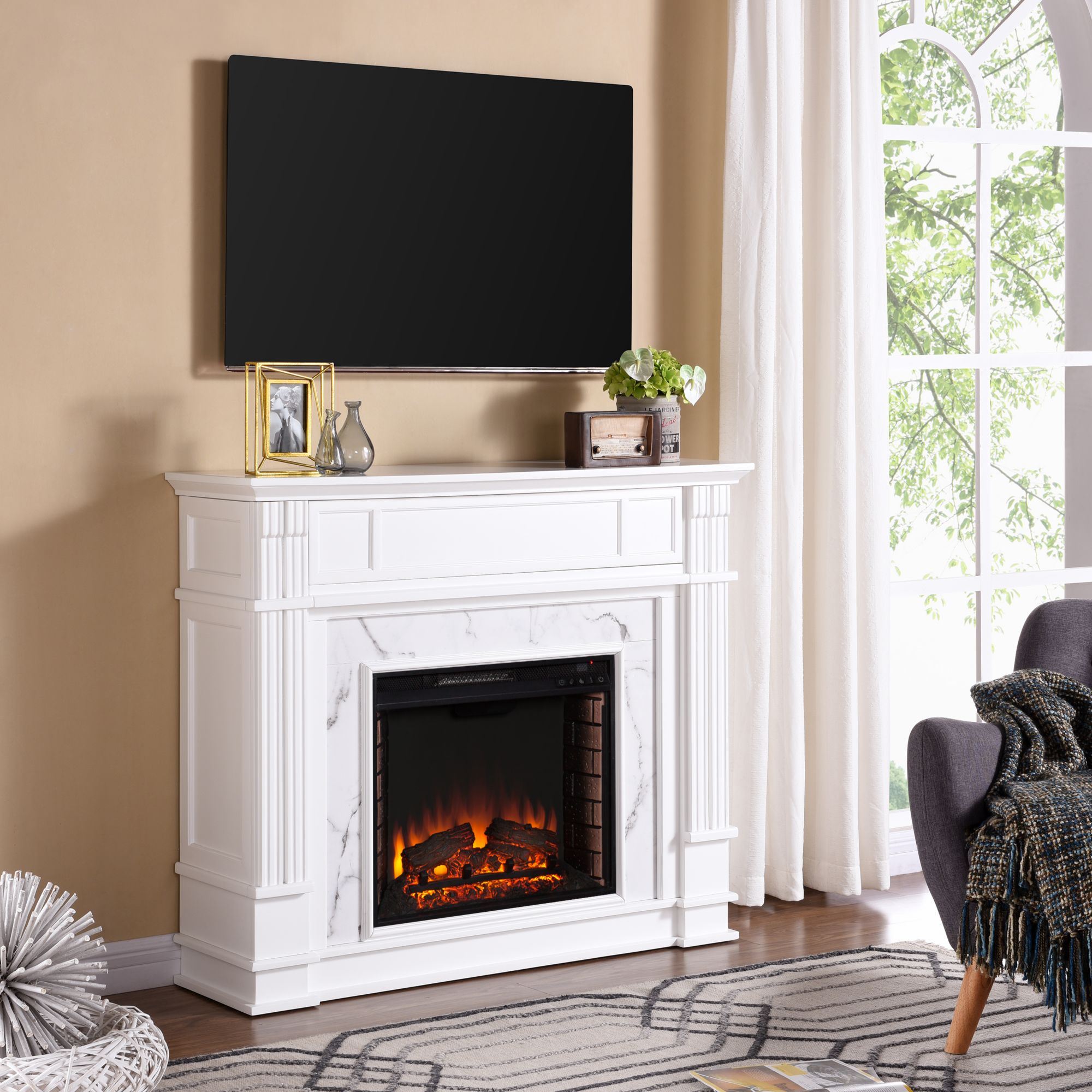 Sei Brecken Faux Cararra Marble Electric Media Fireplace White