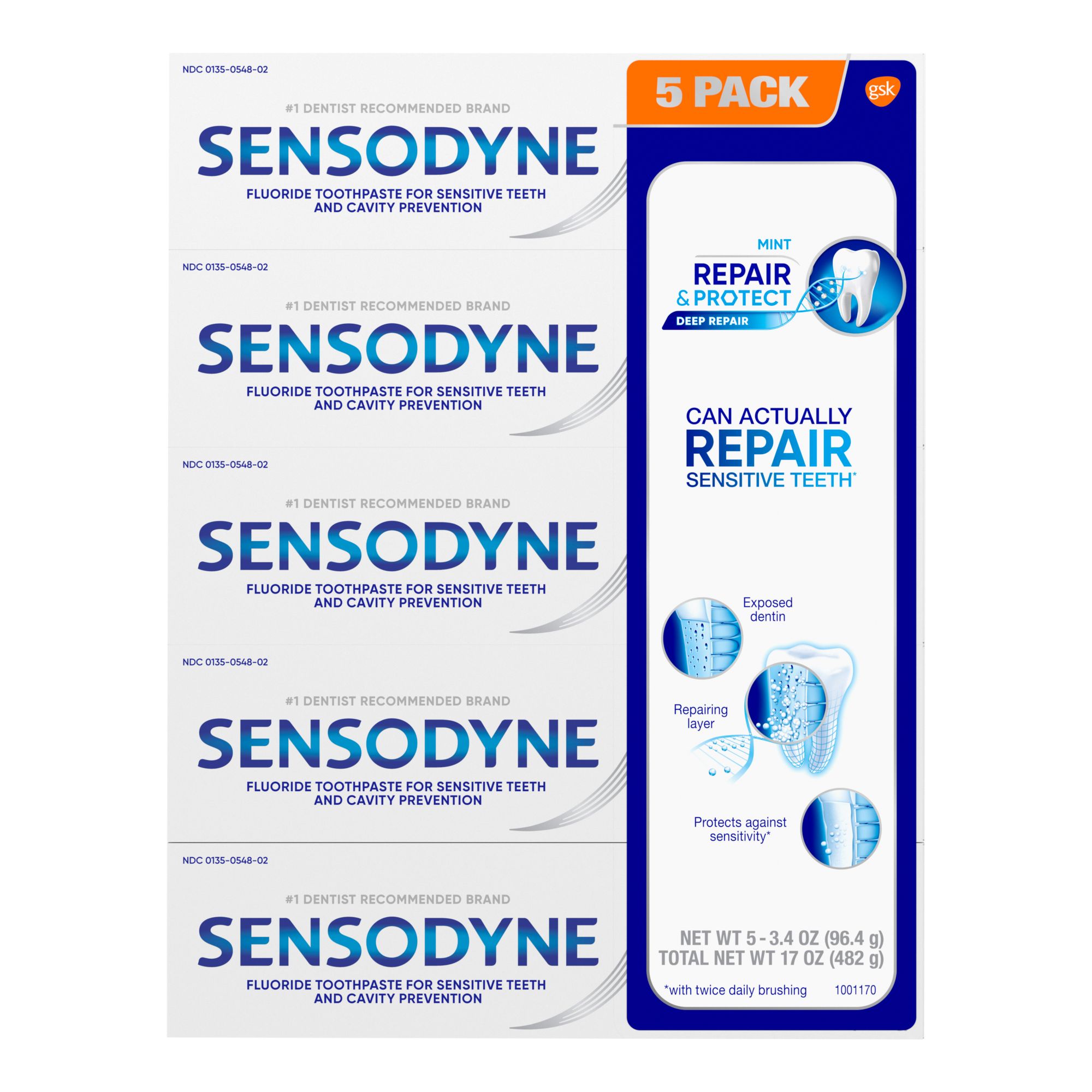 Sensodyne Repair and Protect Toothpaste, 5 pk./3.4 oz.