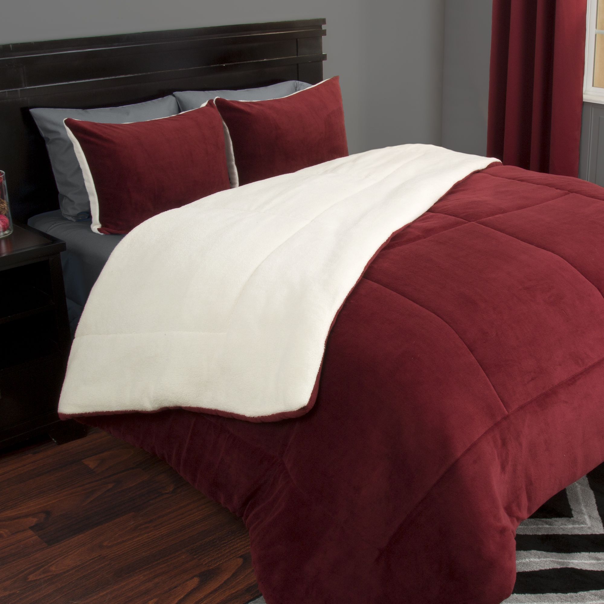 Lavish Home Sherpa/Fleece Comforter Set - Burgundy