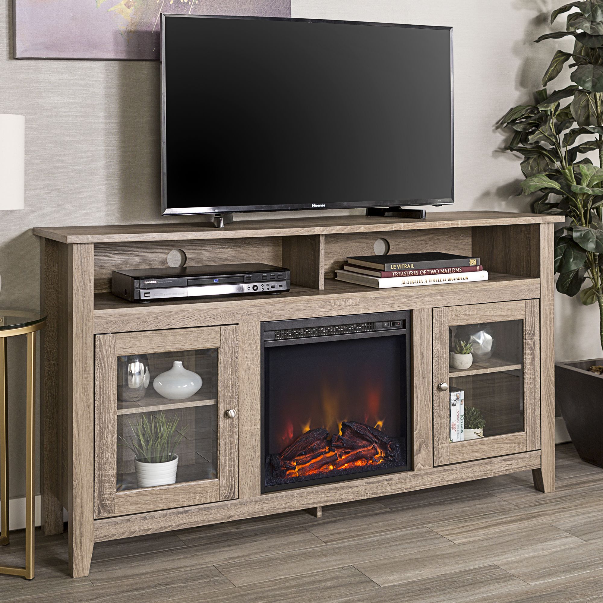 W. Trends 58&quot; Transitional Glass Door Fireplace Tall TV Stand for Most TV's up to 65&quot; - Driftwood