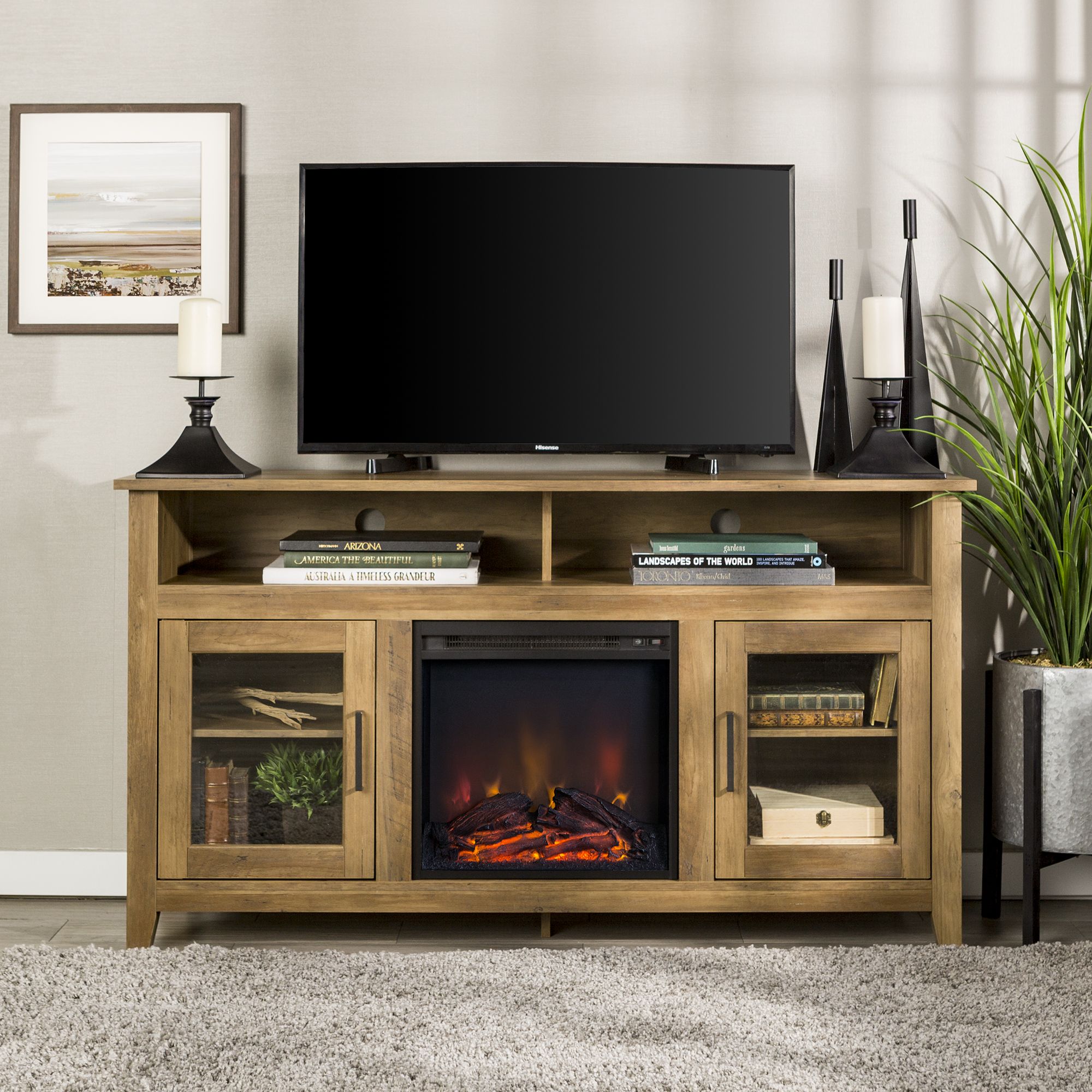 58 wood highboy fireplace 2024 tv stand