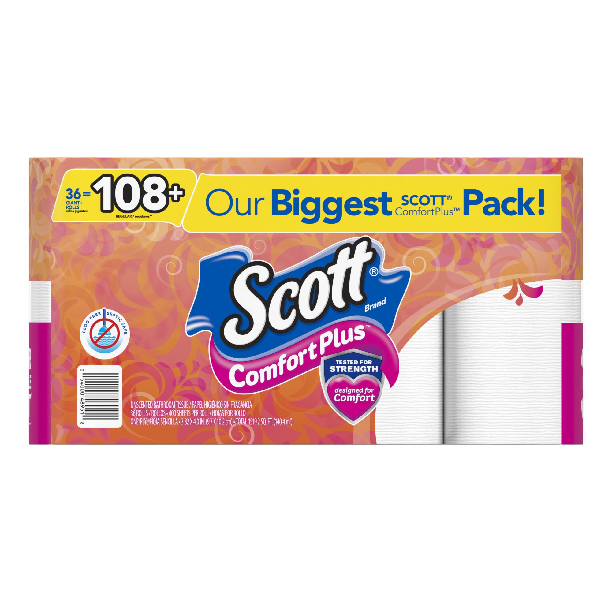 Scott ComfortPlus Toilet Paper, 36 Mega Rolls, 425 Sheets per Roll, Septic-Safe, 1-Ply Toilet Tissue