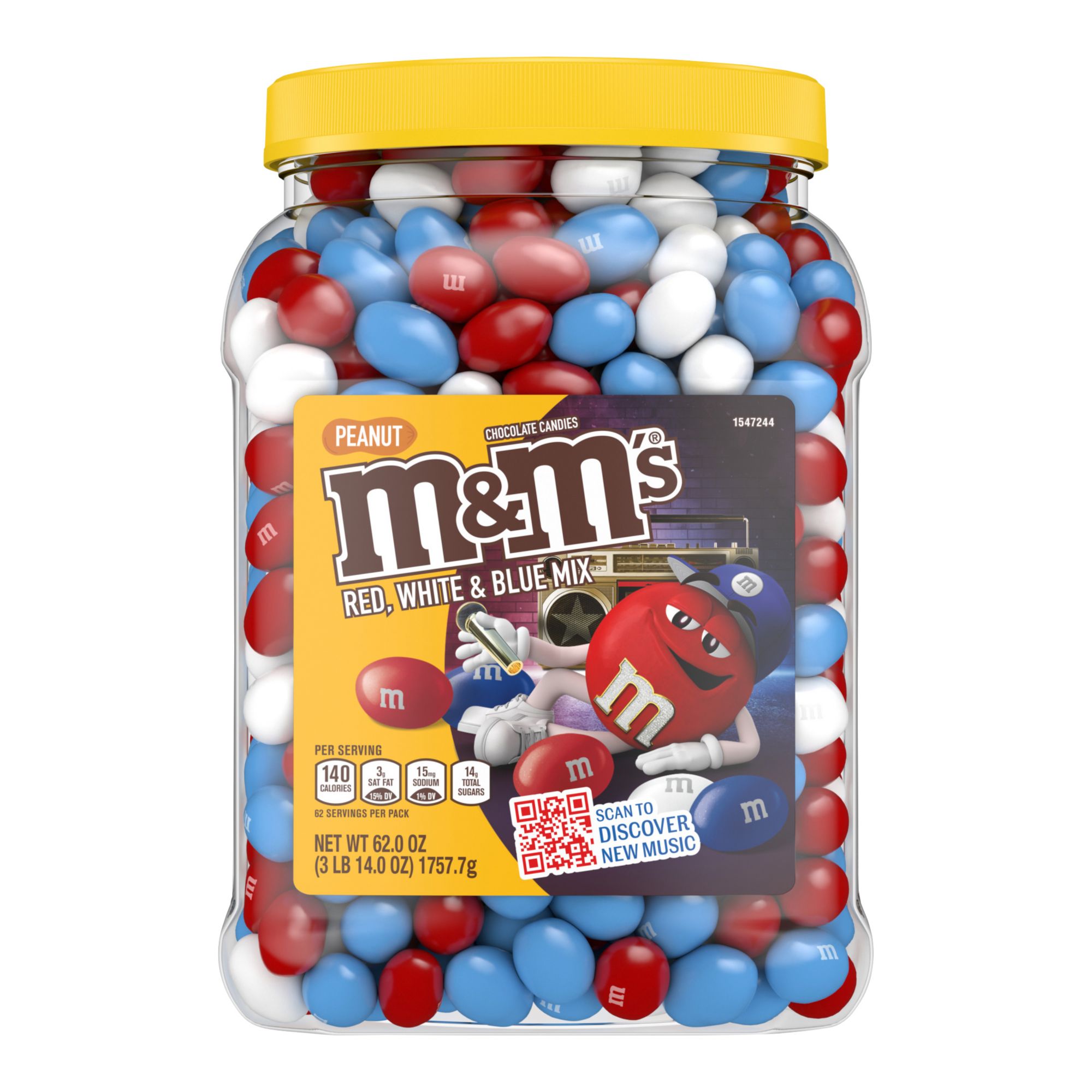 M&M'S Peanut Milk Chocolate Red, White, & Blue America Mix Bulk Candy Jar, 62 oz.