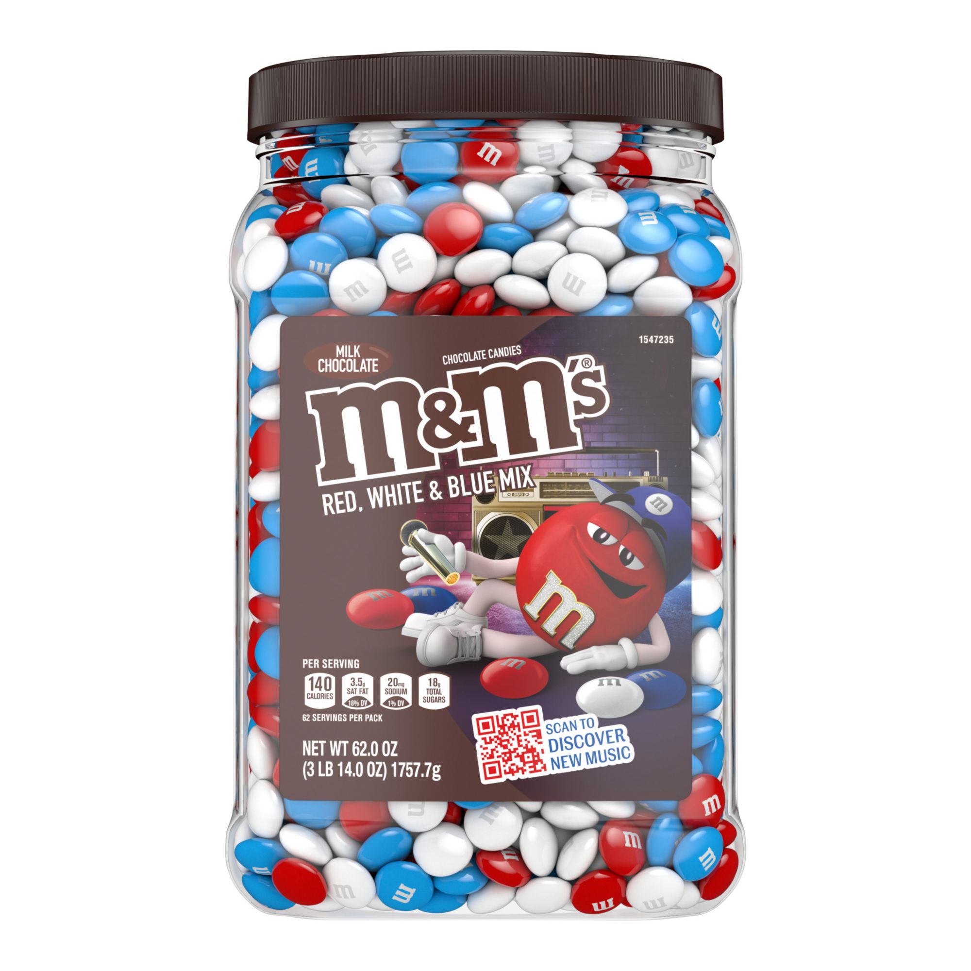 M&M'S Milk Chocolate Red, White and Blue America Mix Bulk Candy Jar, 62 oz.