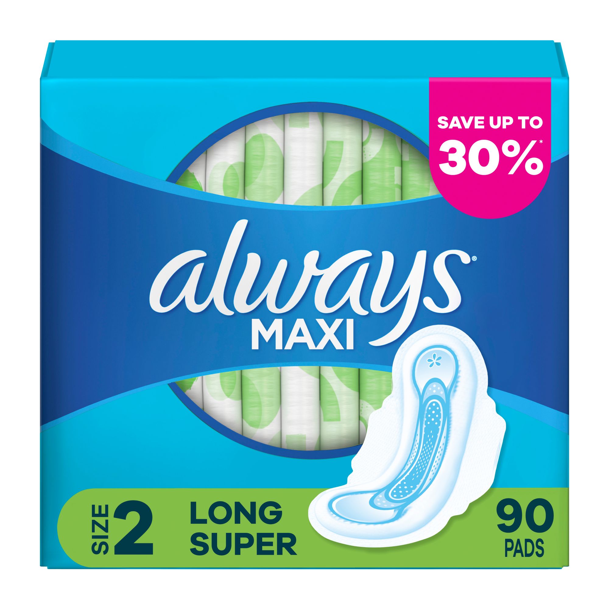 Always Long and Super Maxi Pads with Flexi-Wings Multipack, 90 ct.