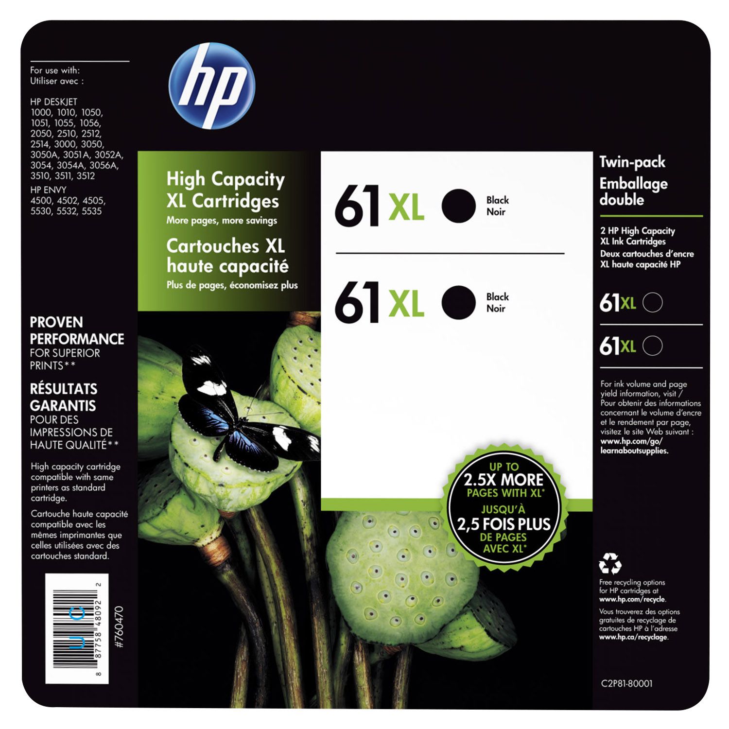 HP Inc. 61XL Black Ink Cartridges, 2 pk.