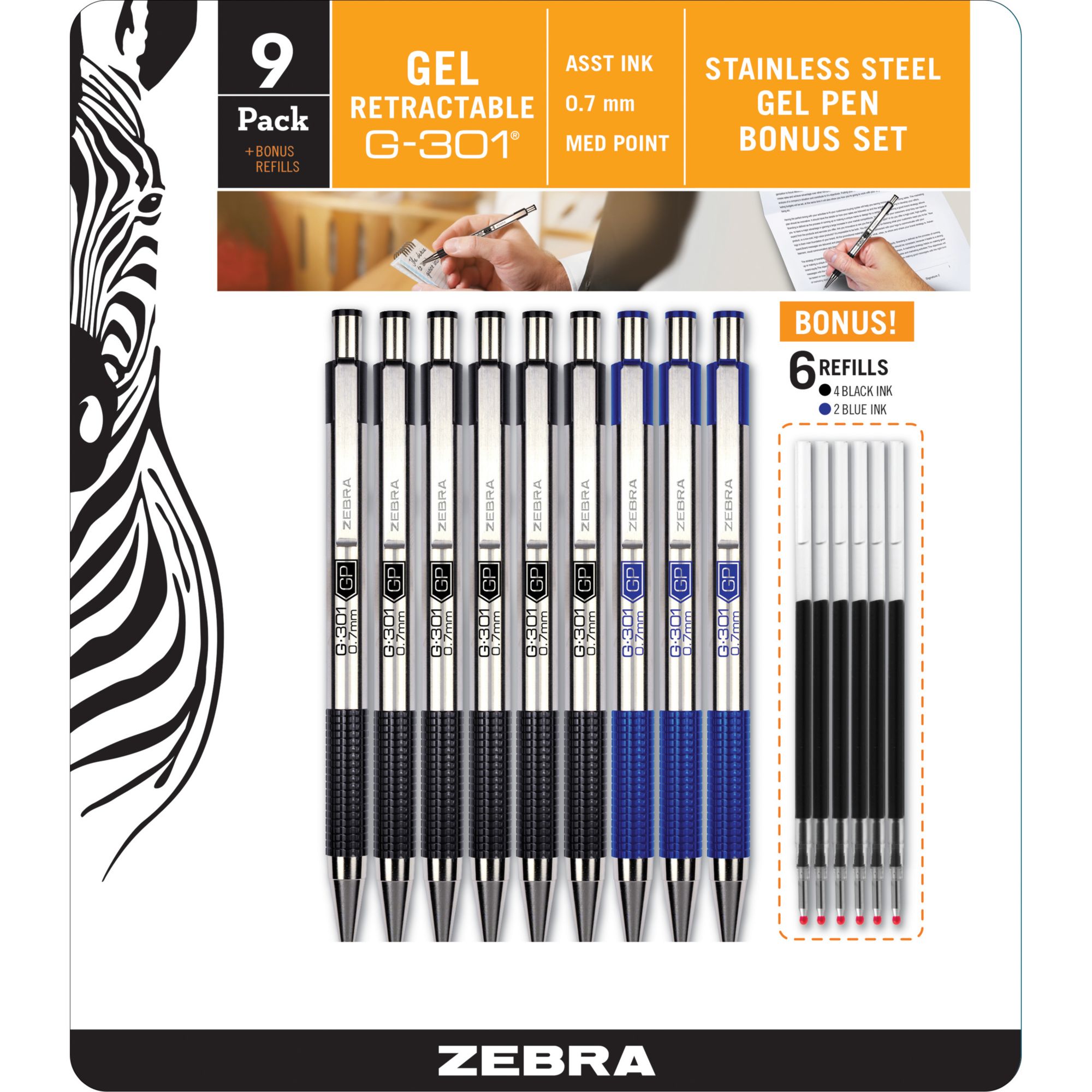 Zebra G-301 Steel Retractable Gel Pen with 0.7mm Medium Point, 9 per Pack with 6 Refills - Black