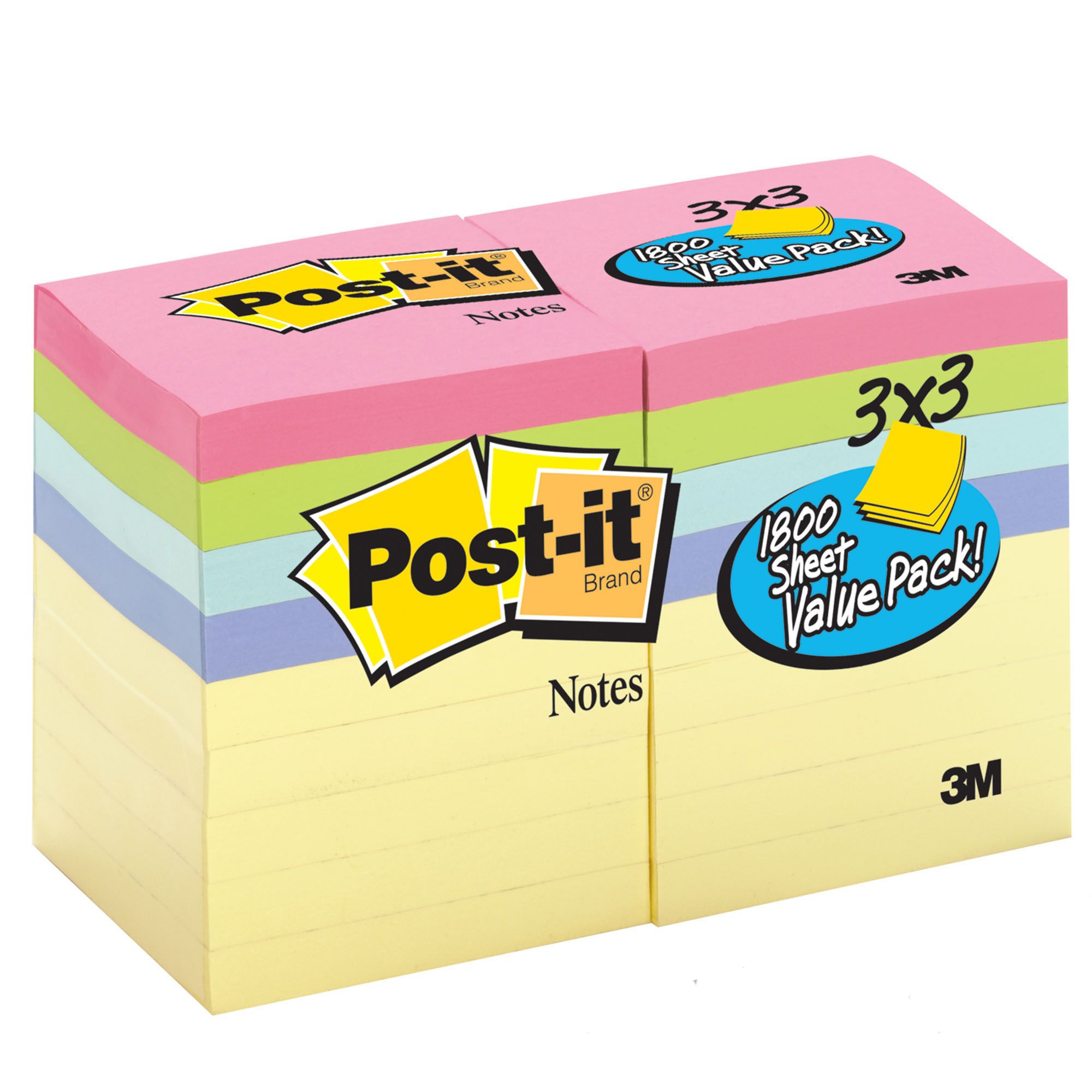 Post-it Notes, 3&quot; x 3&quot;, 100 Sheets per Pad, 18 pk. - Pastel