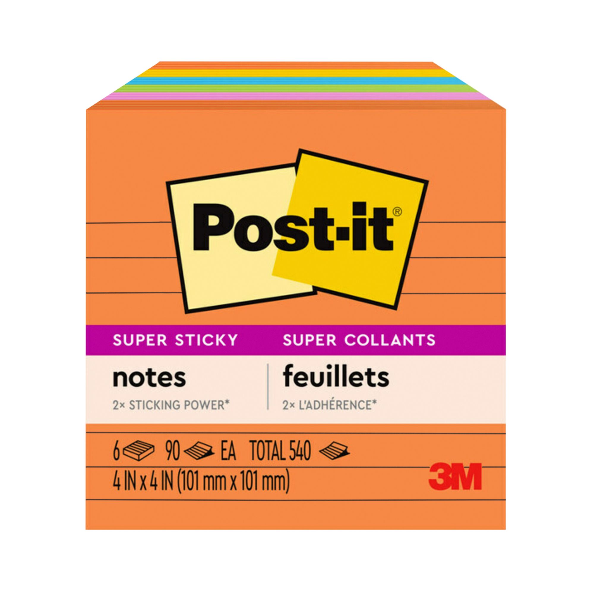 Post-it 4&quot; x 4&quot; Ruled Super Sticky Notes, 6 pk./90 ct. - Jewel Pop