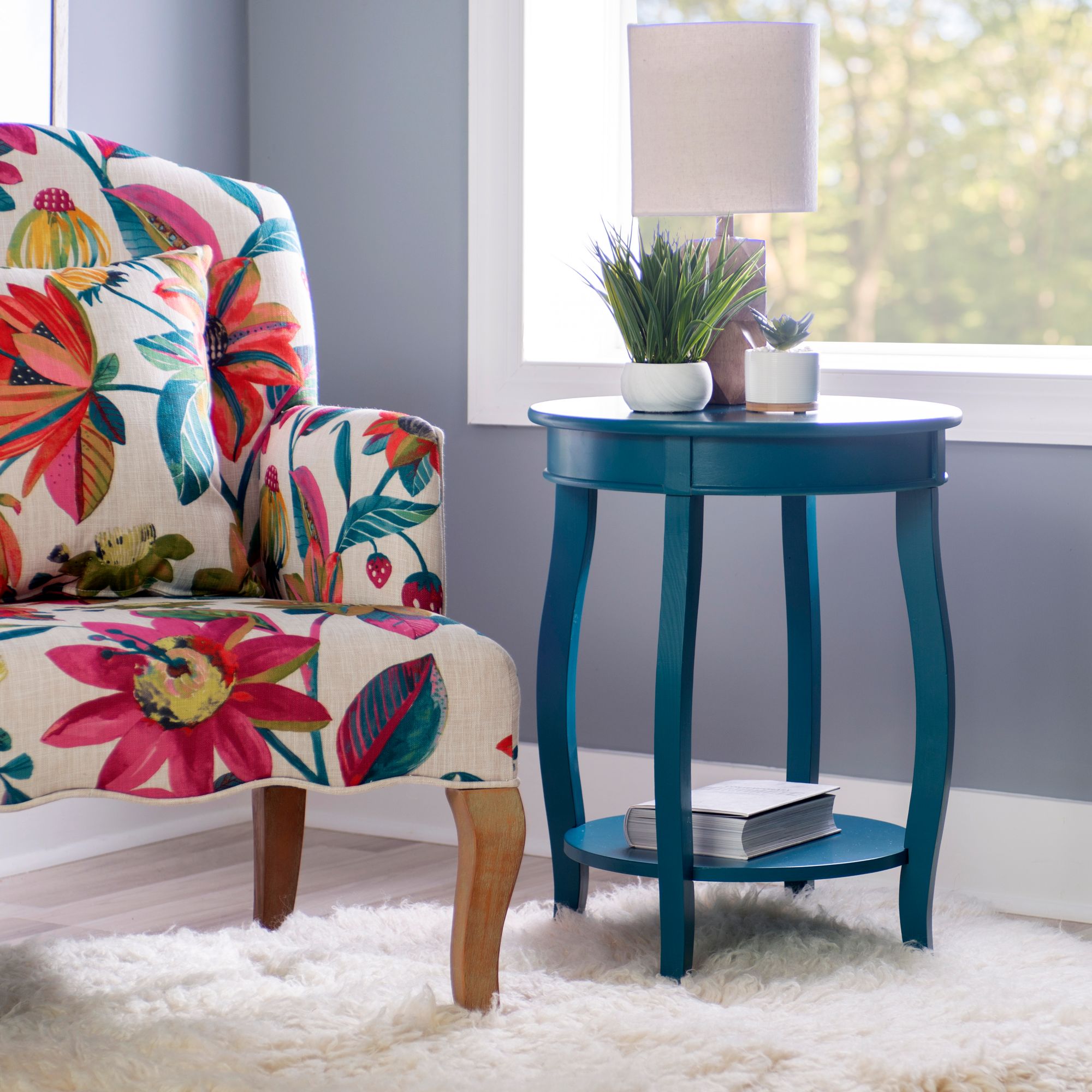 Powell Round Side Table with Shelf - Teal