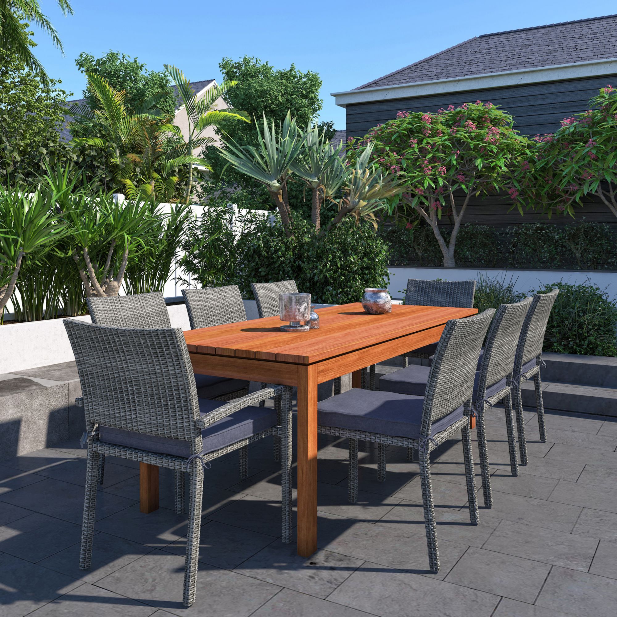 Amazonia Gavino 9-Pc. Eucalyptus and Synthetic Wicker Patio Dining Set - Natural/Gray