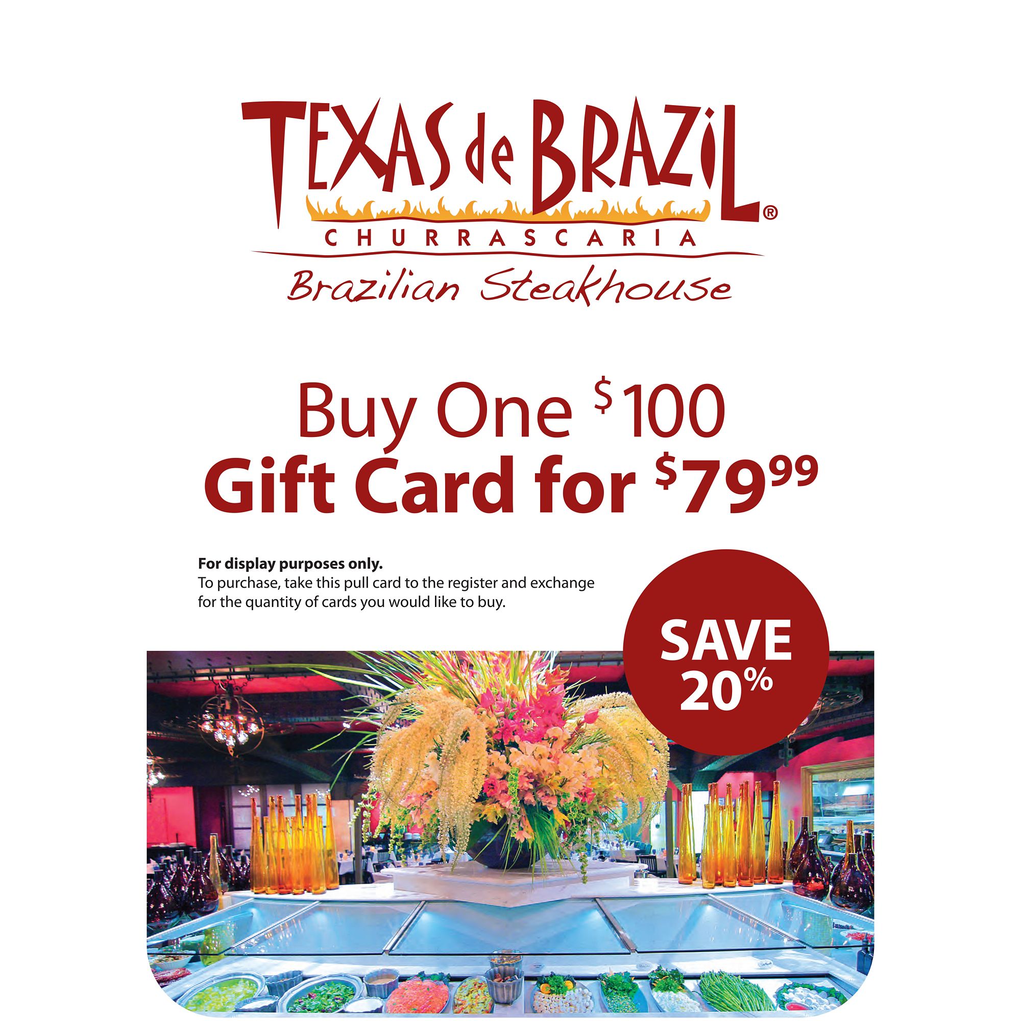 Texas de Brazil Brazilian Steakhouse $100 Gift Card for $79.98 - Sam's Club