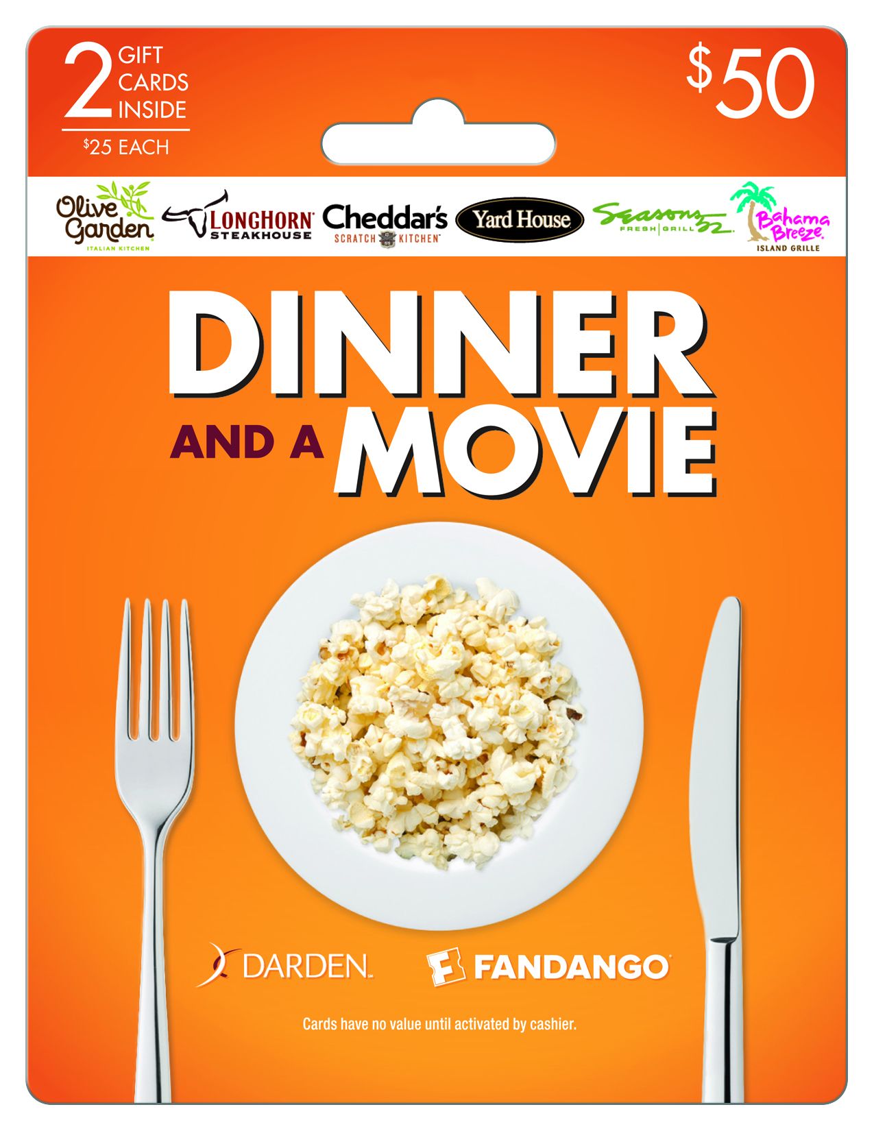 Darden and Fandango Dinner and a Movie $25 Gift Card, 2 pk.