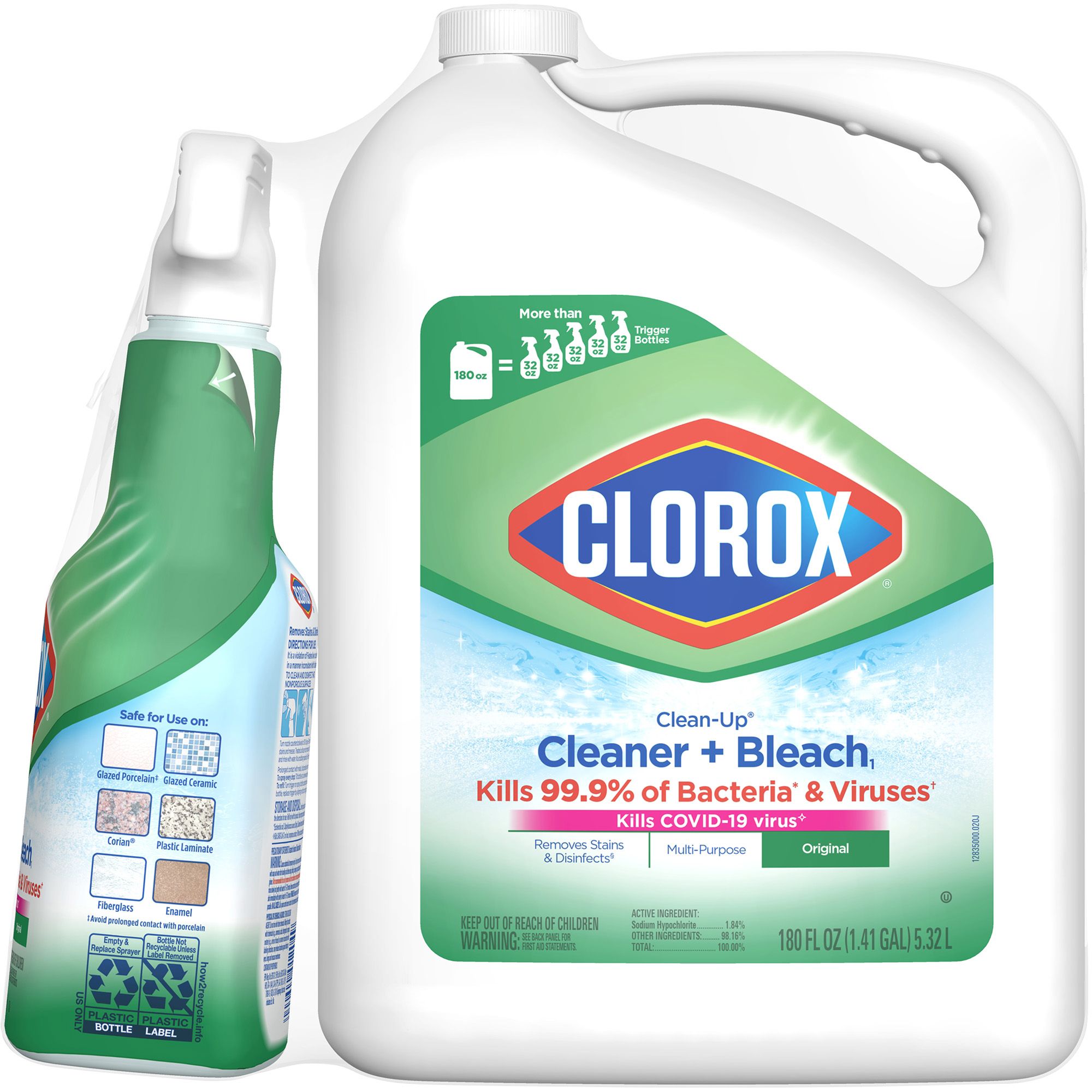 Clorox Clean-Up Cleaner with Bleach Spray Bottle, 32 oz. with Refill Bottle, 180 oz.