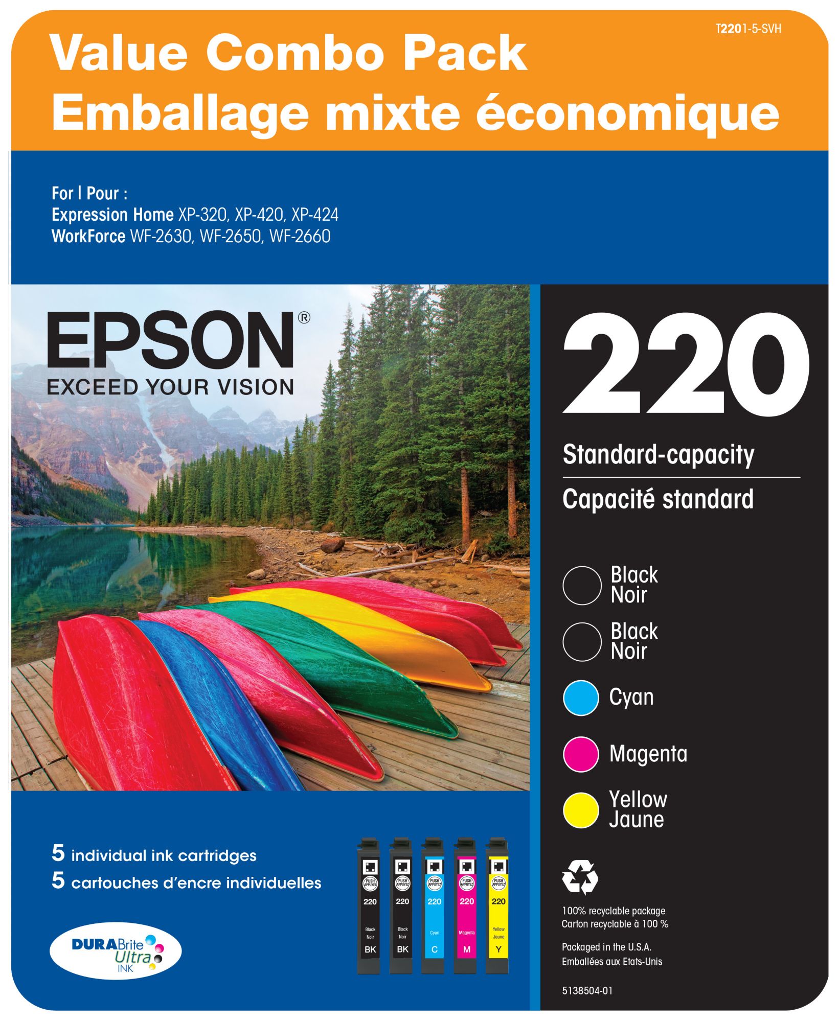 Epson T220 Series Multi-Color Combo Ink Pack, 5 ct.