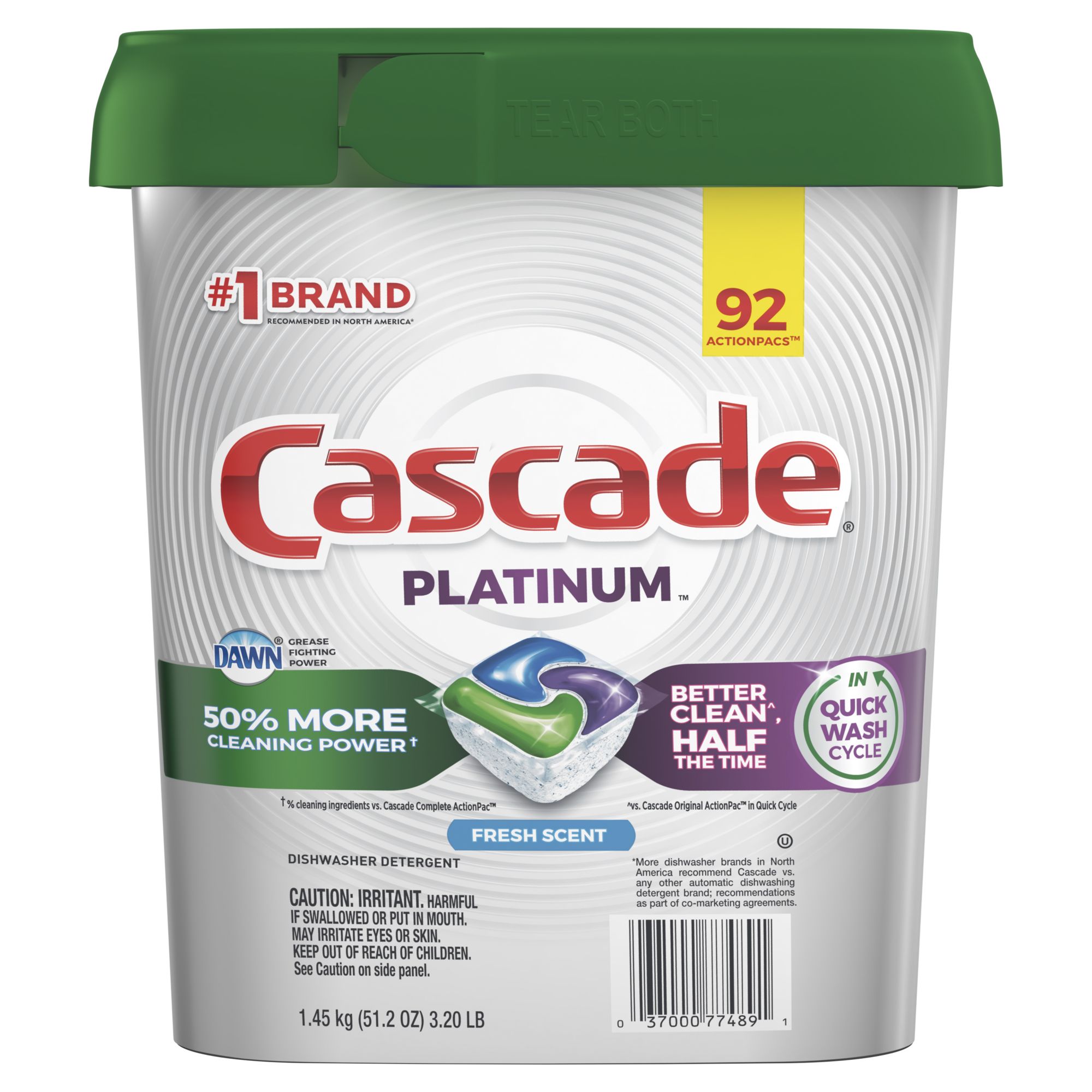 Cascade Platinum ActionPacs Dishwasher Detergent, 92 ct.