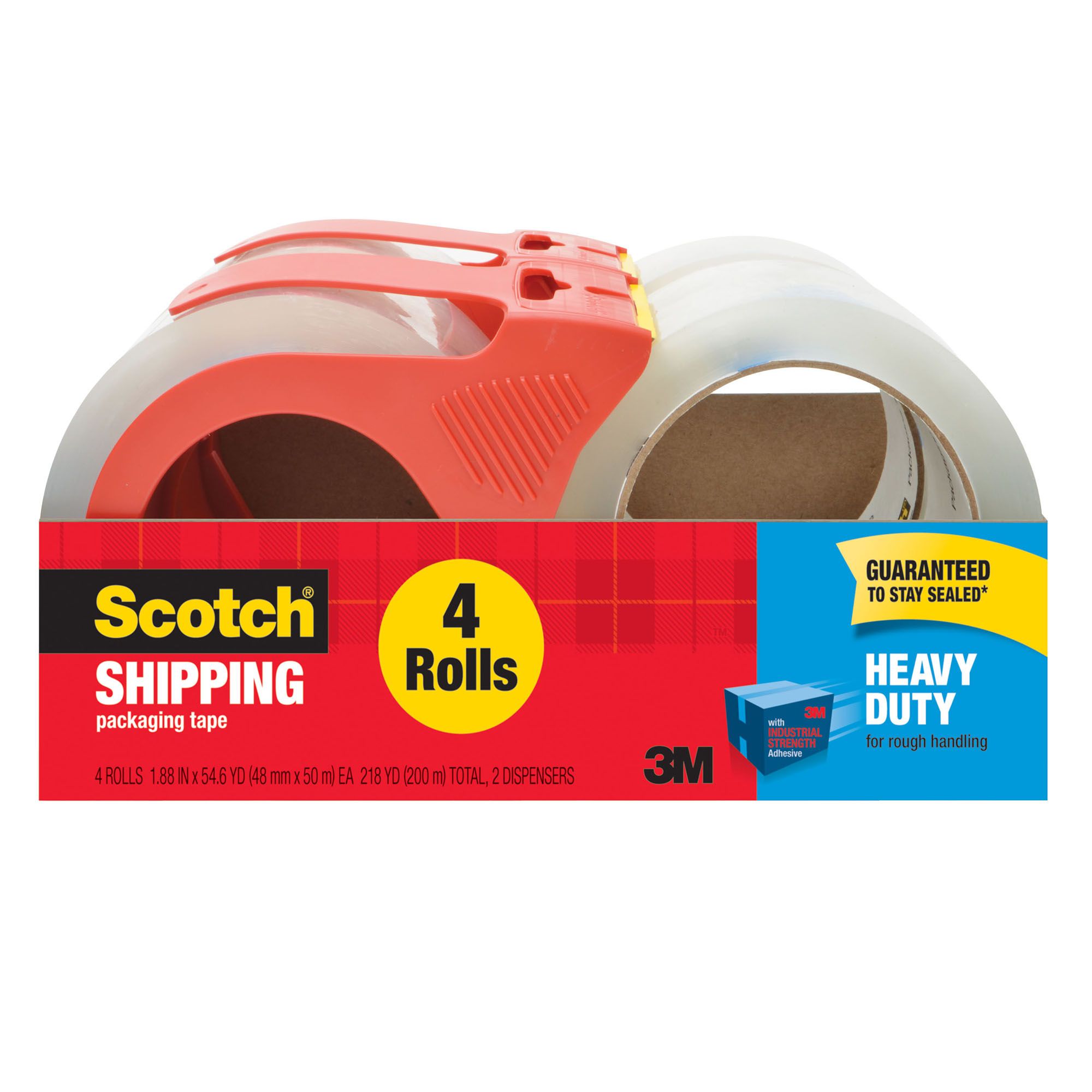 Scotch Heavy Duty Shipping Packaging Tape with Dispenser, 4 Rolls