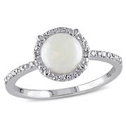 Opal and Diamond Accent Halo Ring in Sterling Silver, Size 5