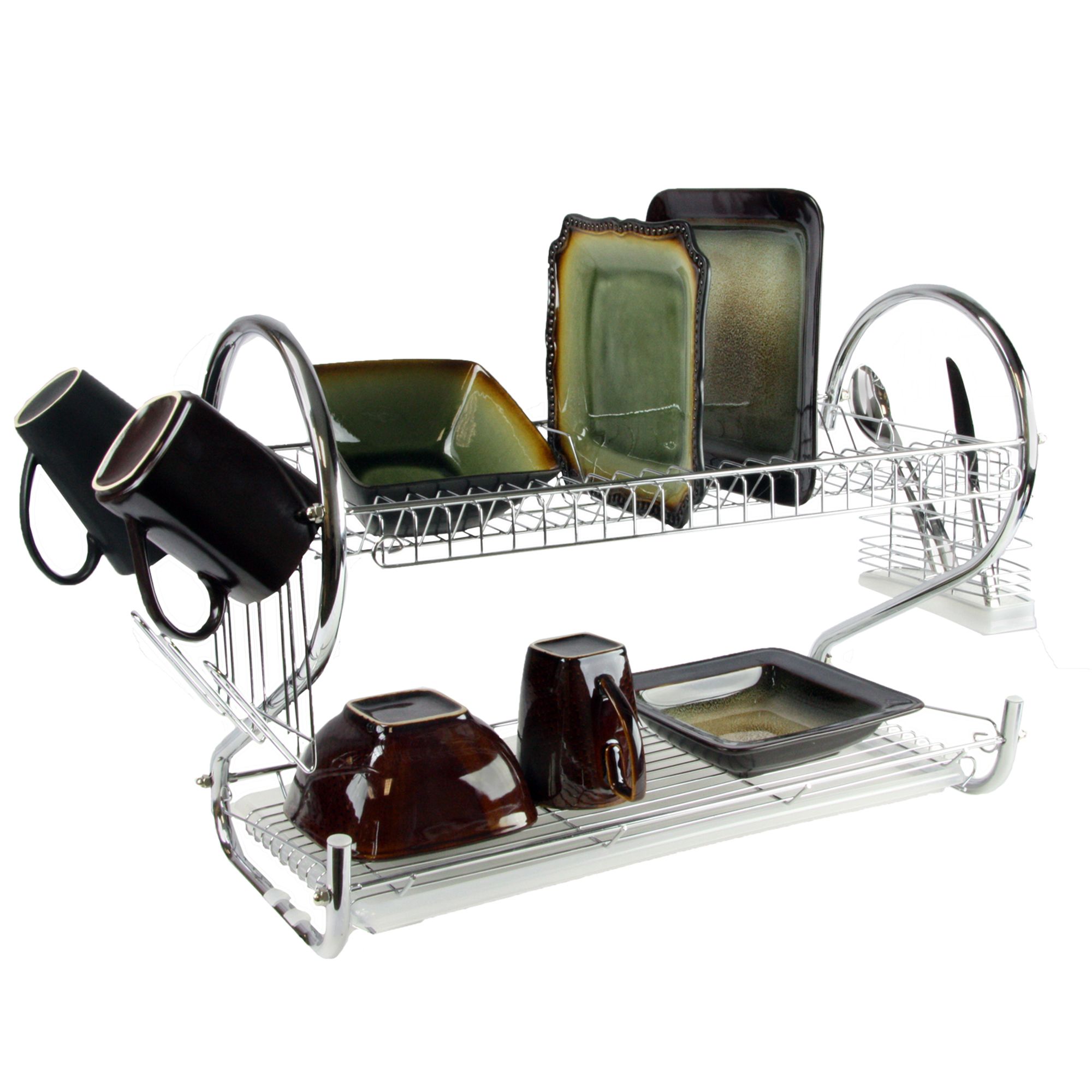 MegaChef 17.5 inch Red Dish Rack with 14 Plate Positioners and A Detachable Utensil Holder