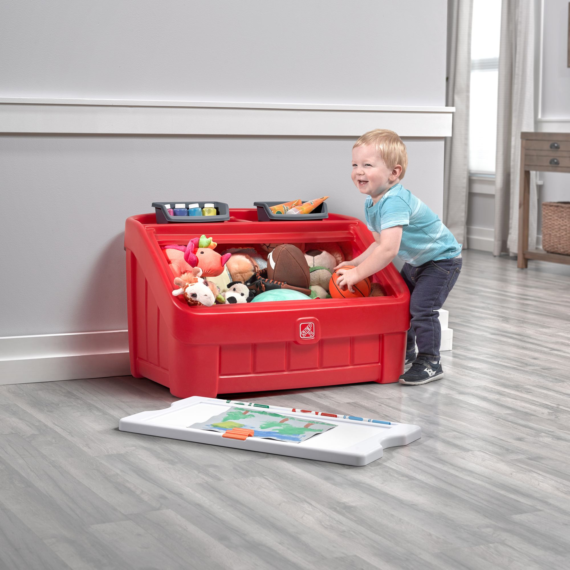 step two toy box with shelf