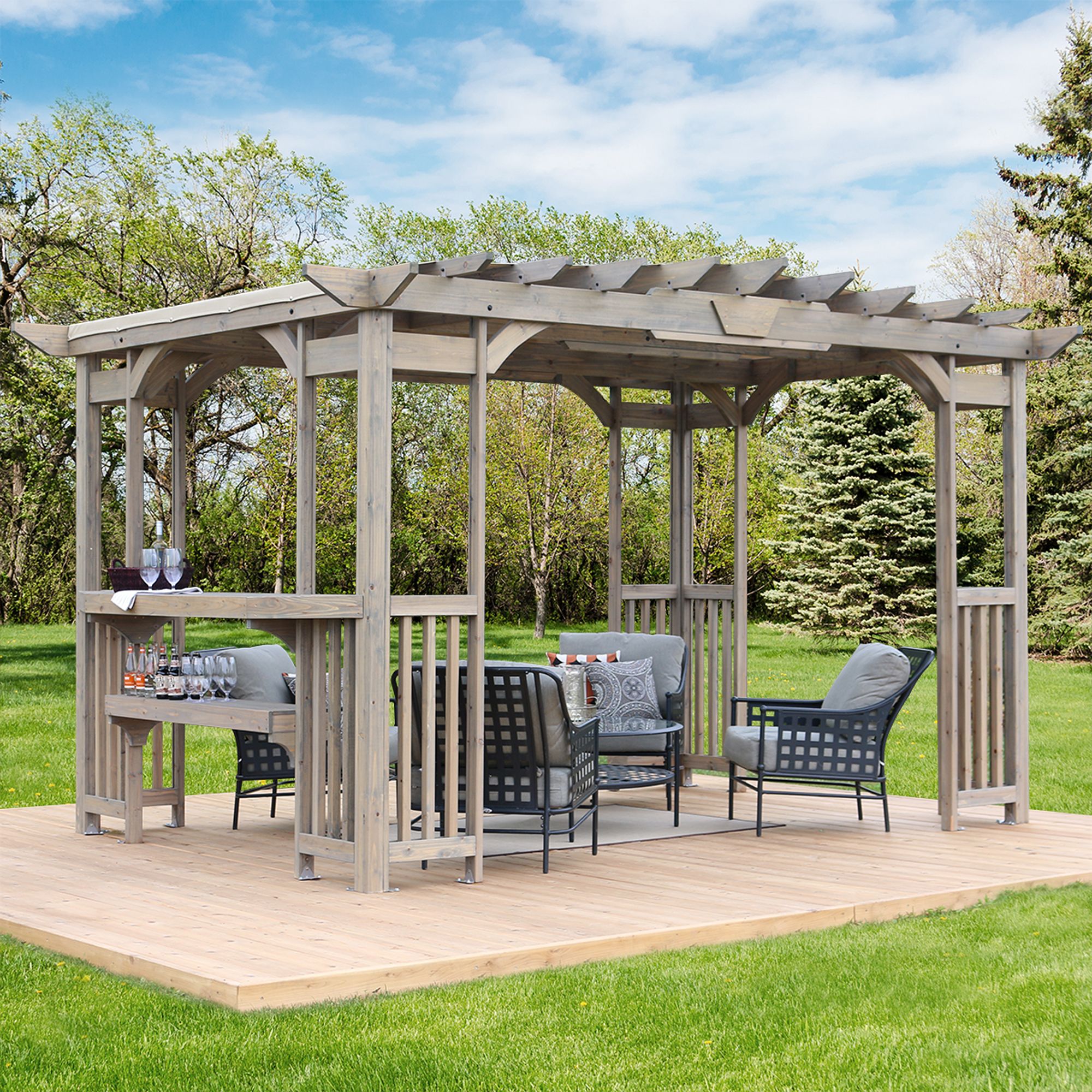 Yardistry Madison 14' x 10' Cedar Wood Pergola with Bar and Removable Sunshade