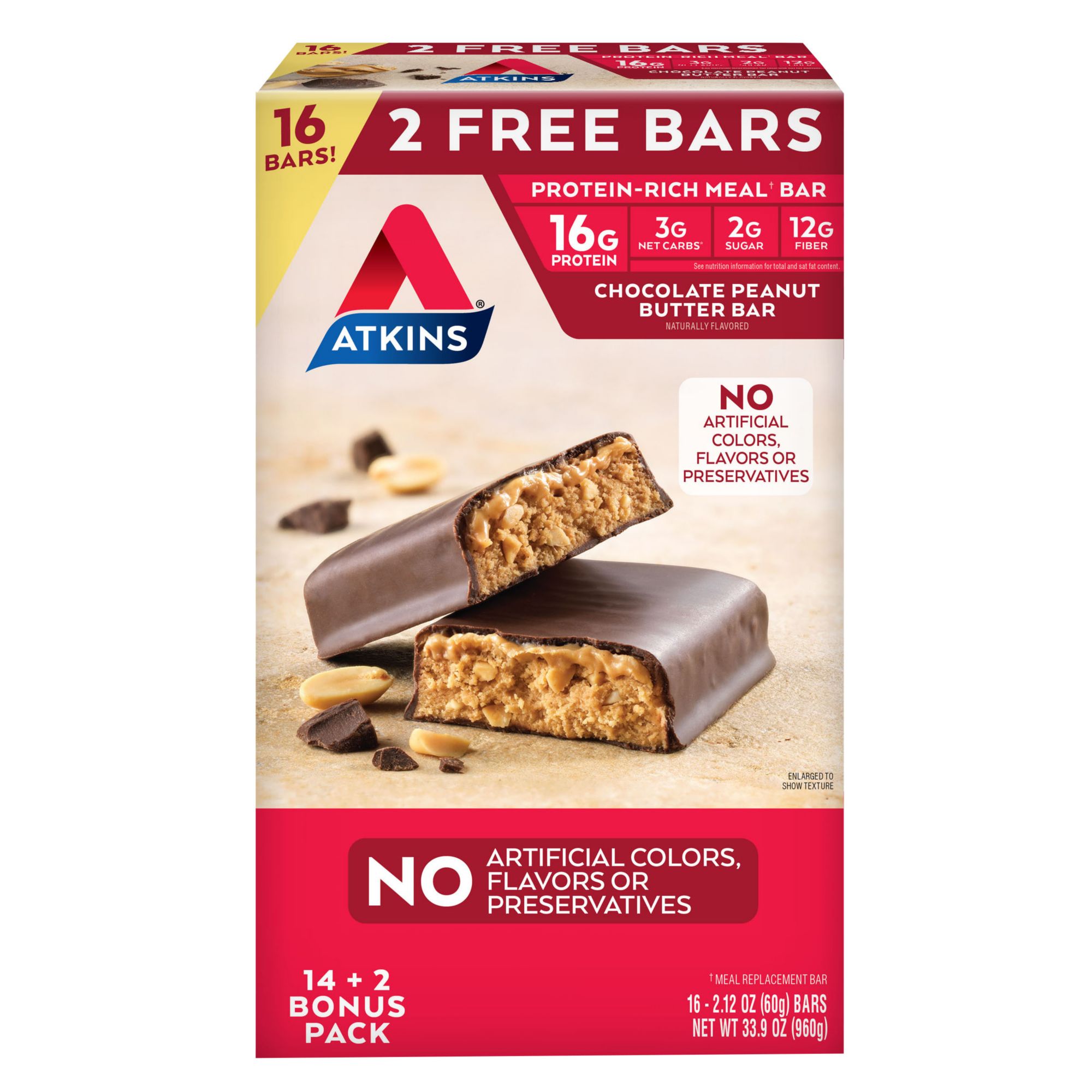 Atkins Chocolate Peanut Butter Bars, 16 ct./2.12 oz.