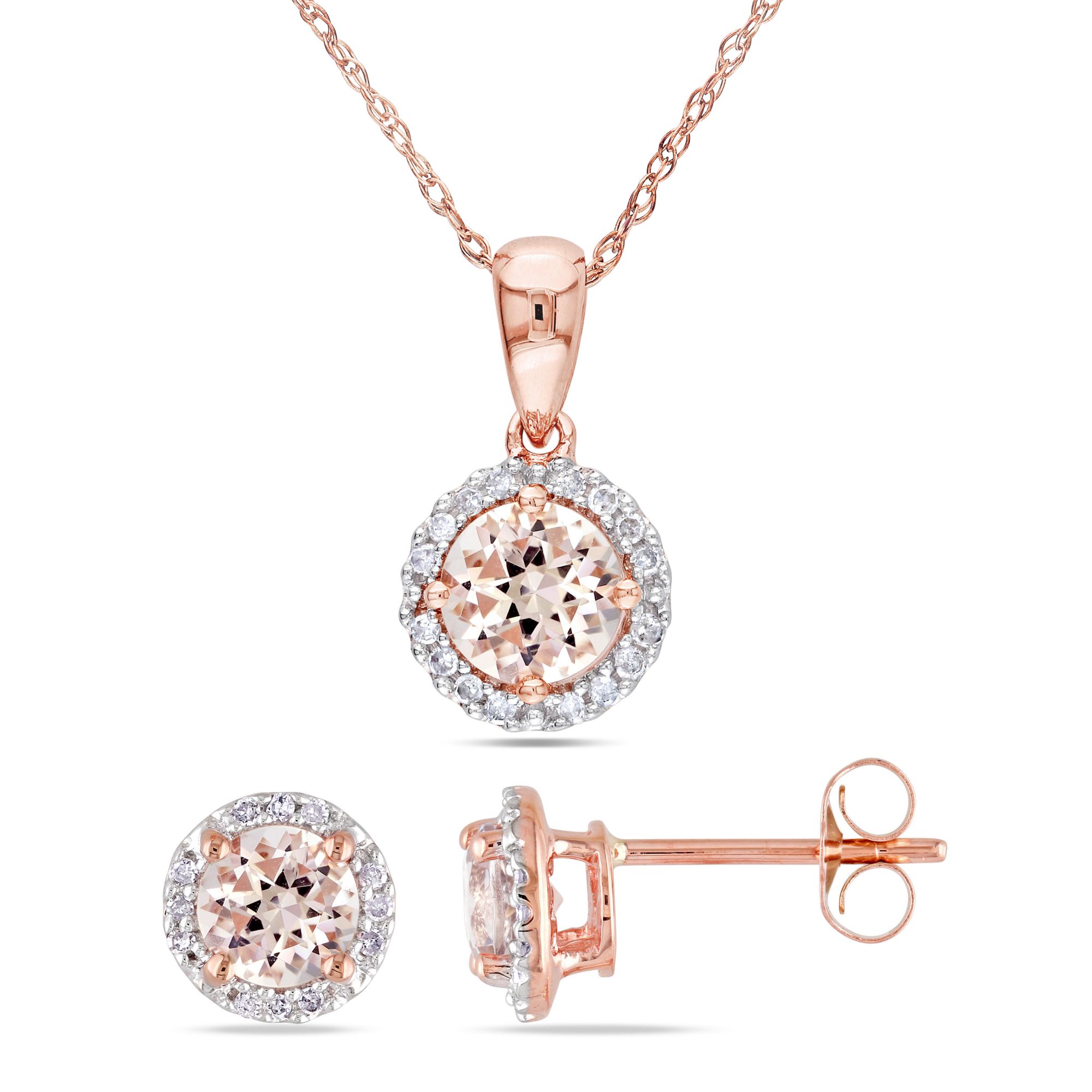 Morganite and .16 ct. t.w. Diamond Halo Stud Earrings and Pendant in 10k Rose Gold