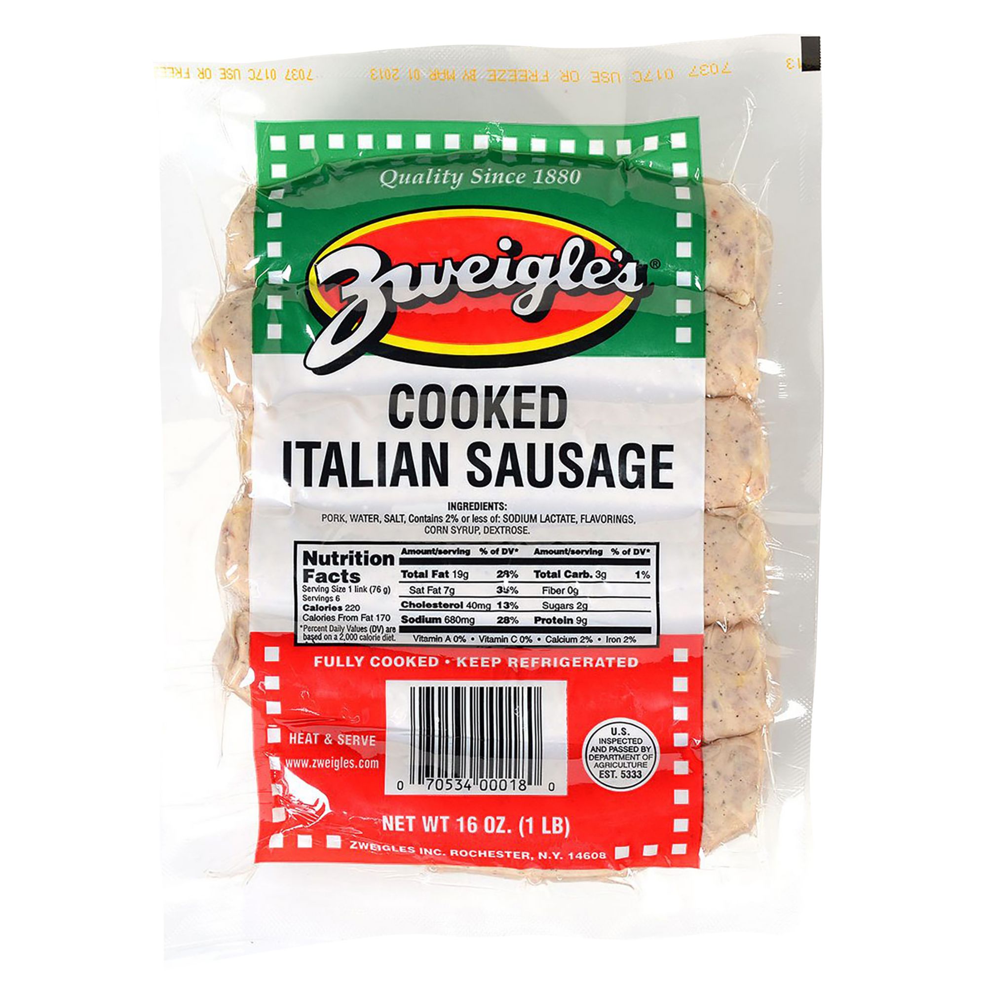 Zweigle's Natural Casing Cooked Italian Sausage Links, 3 lbs.