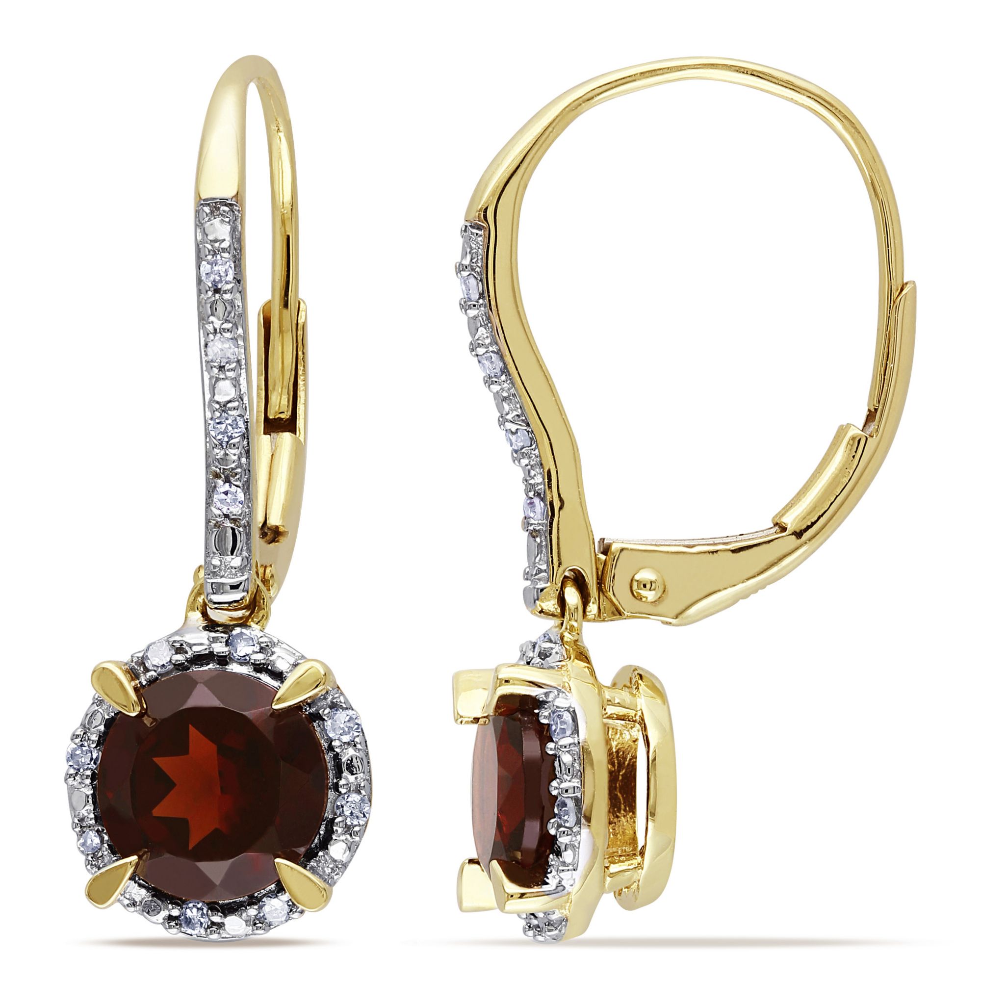 2 ct. TGW Garnet and 1/10 ct. t.w. Diamond Halo Leverback Earrings in 10k Yellow Gold