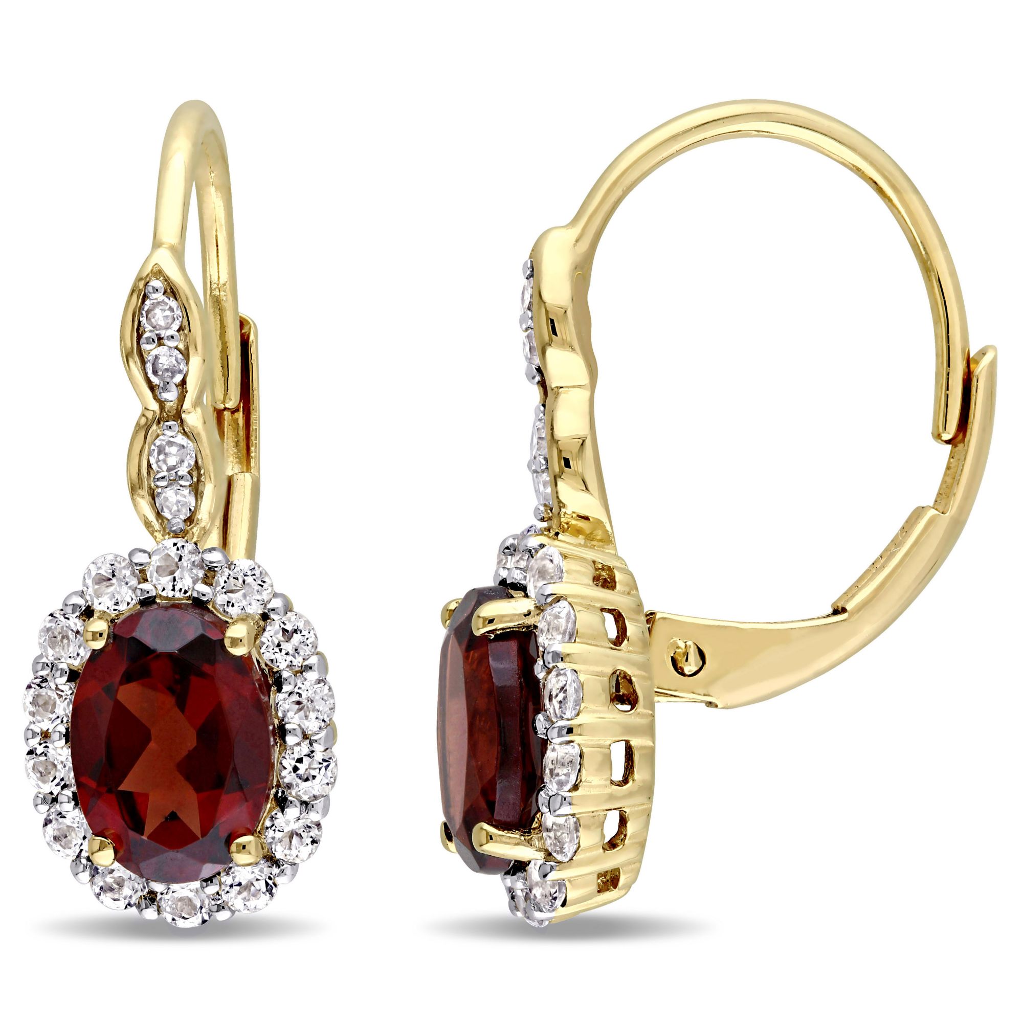 2 3/4 ct. TGW Oval Shape Garnet, White Topaz, and Diamond Accent Vintage Leverback Earrings in 14k Yellow Gold