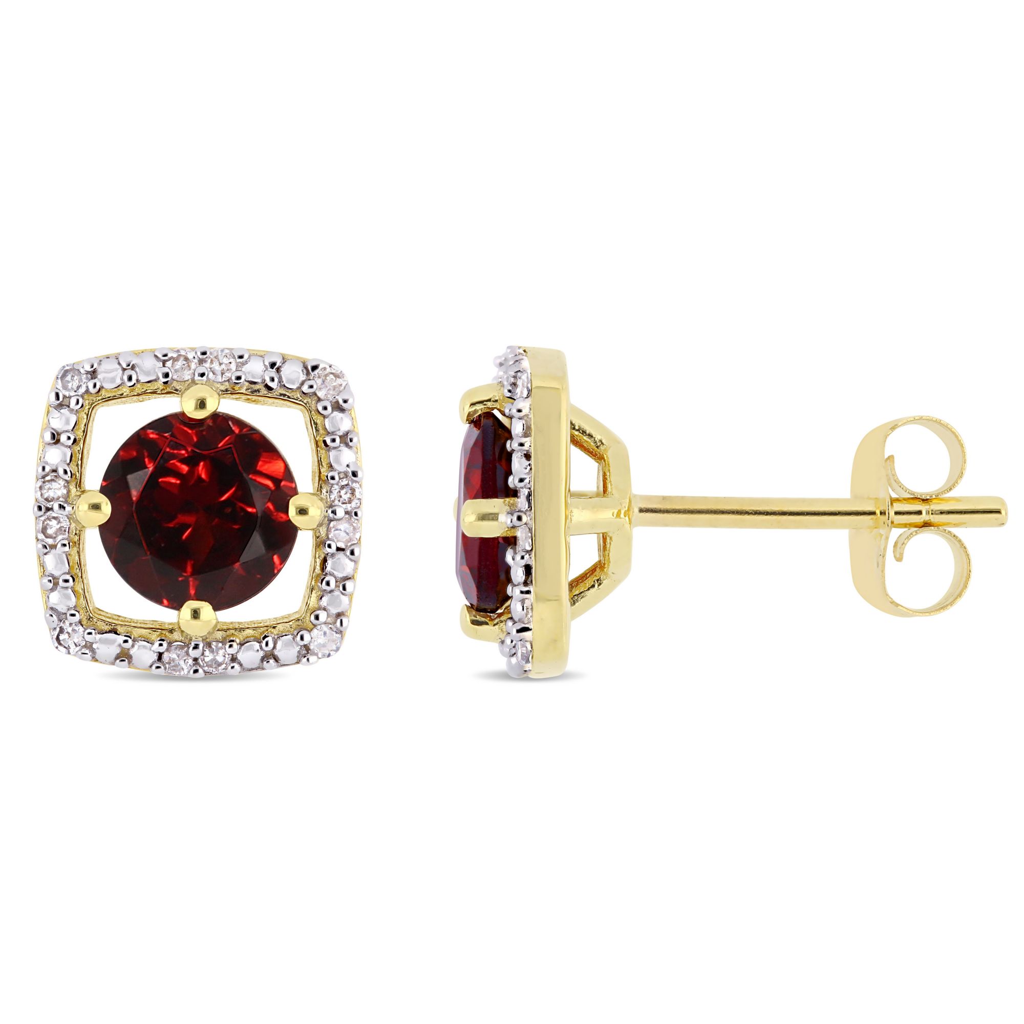 1 1/5 ct. TGW Garnet and Diamond Halo Square Stud Earrings in 10k Yellow Gold