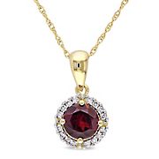 1 ct. TGW Garnet and 1/10 ct. t.w. Diamond Halo Pendant with Chain in 10k Yellow Gold