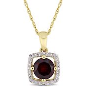 1 ct. TGW Garnet and 1/10 ct. TW Diamond Halo Square Drop Pendant with Chain in 10k Yellow Gold