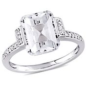 4 ct. TGW Emerald Cut White Topaz and 1/10 ct. TW Diamond Halo Engagement Ring in Sterling Silver, Size 5