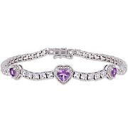 6.75 ct. TGW Amethyst and 1.01 ct. TGW Created White Sapphire Triple Heart Halo Bracelet in Sterling Silver