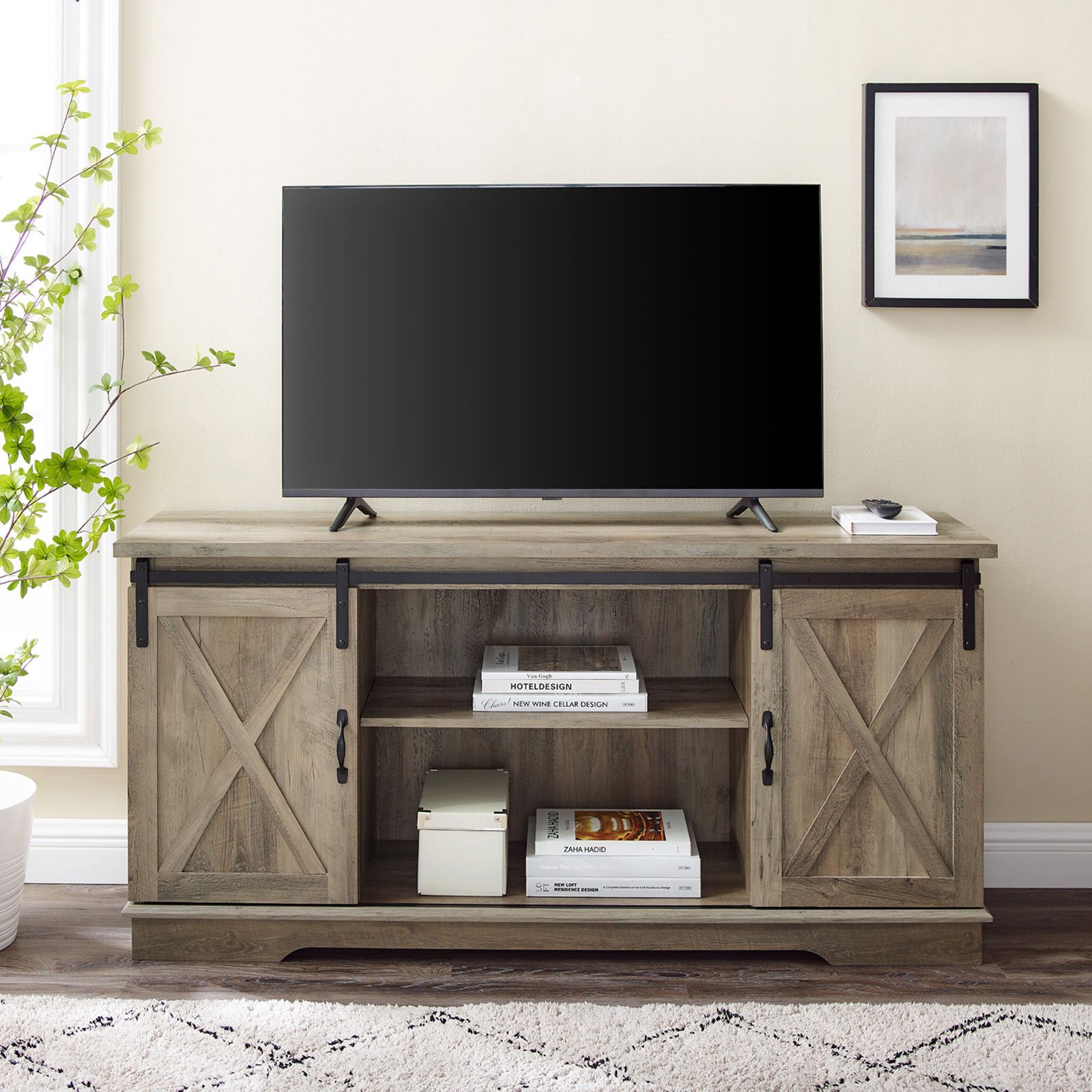 W Trends Barn Door 58 Sliding Door Tv Media Console For Tvs Up