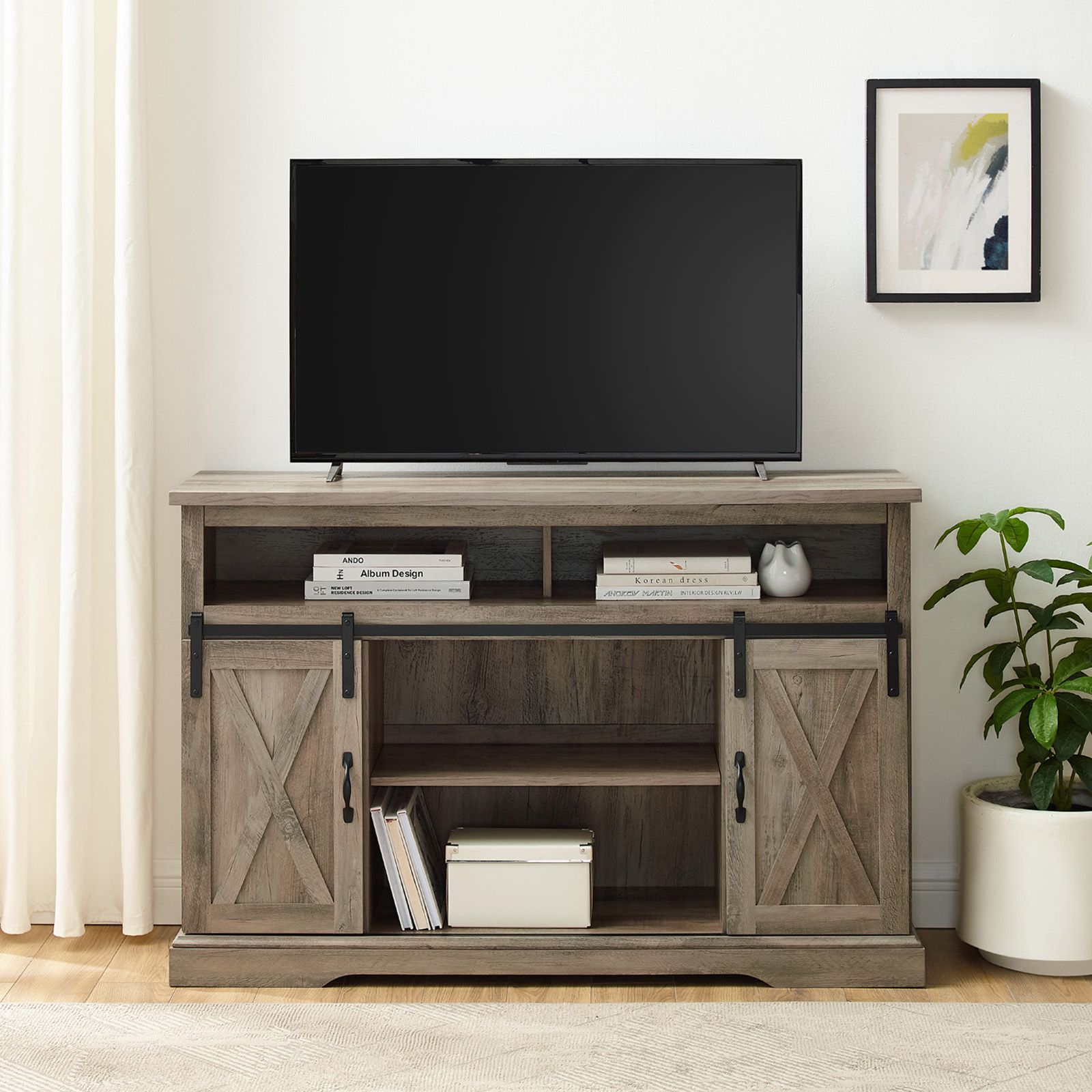 W Trends Barn Door 58 Tall Sliding Door Tv Media Console For Tvs