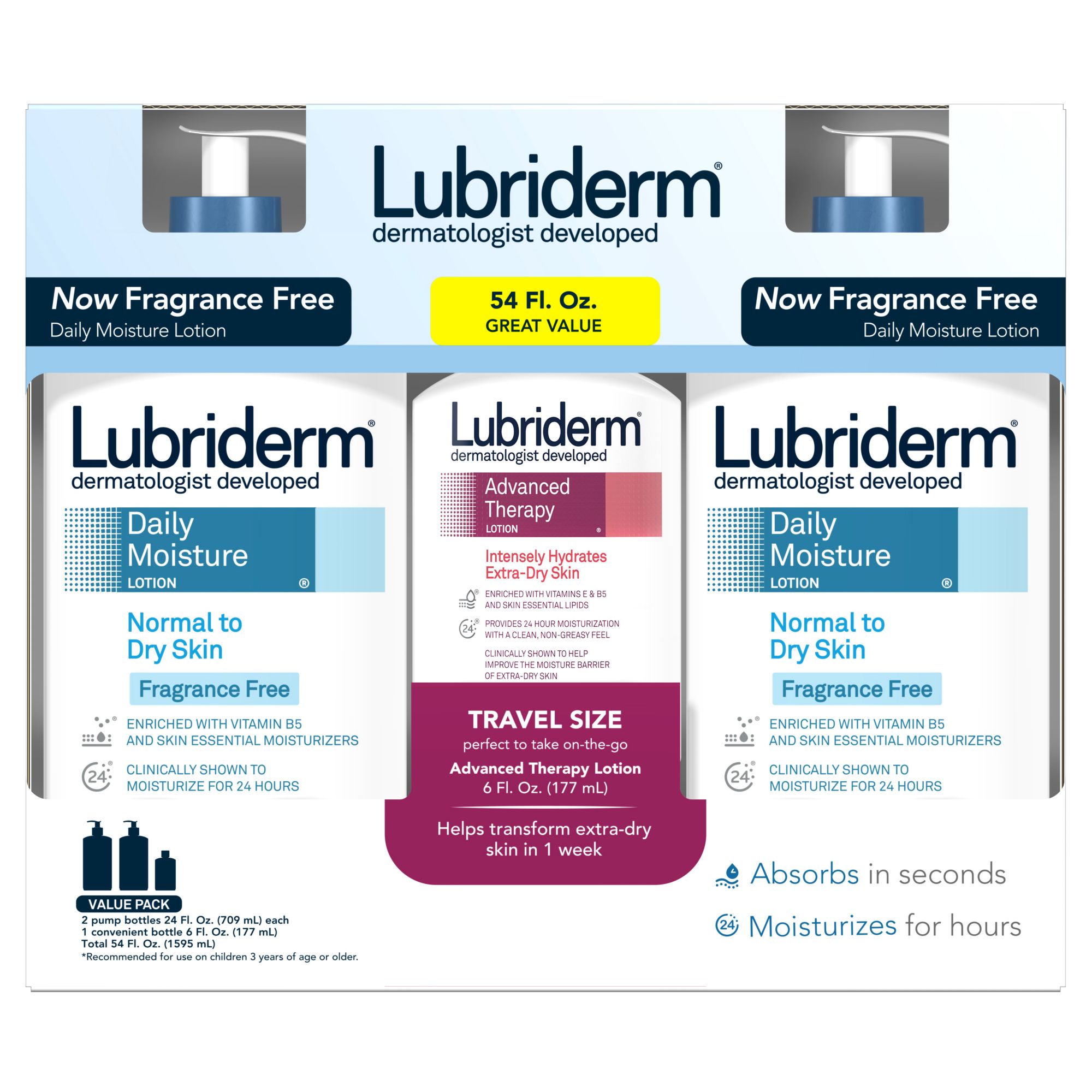 Lubriderm Daily Moisture Unscented & Advanced Therapy Lotion, 3 pk.