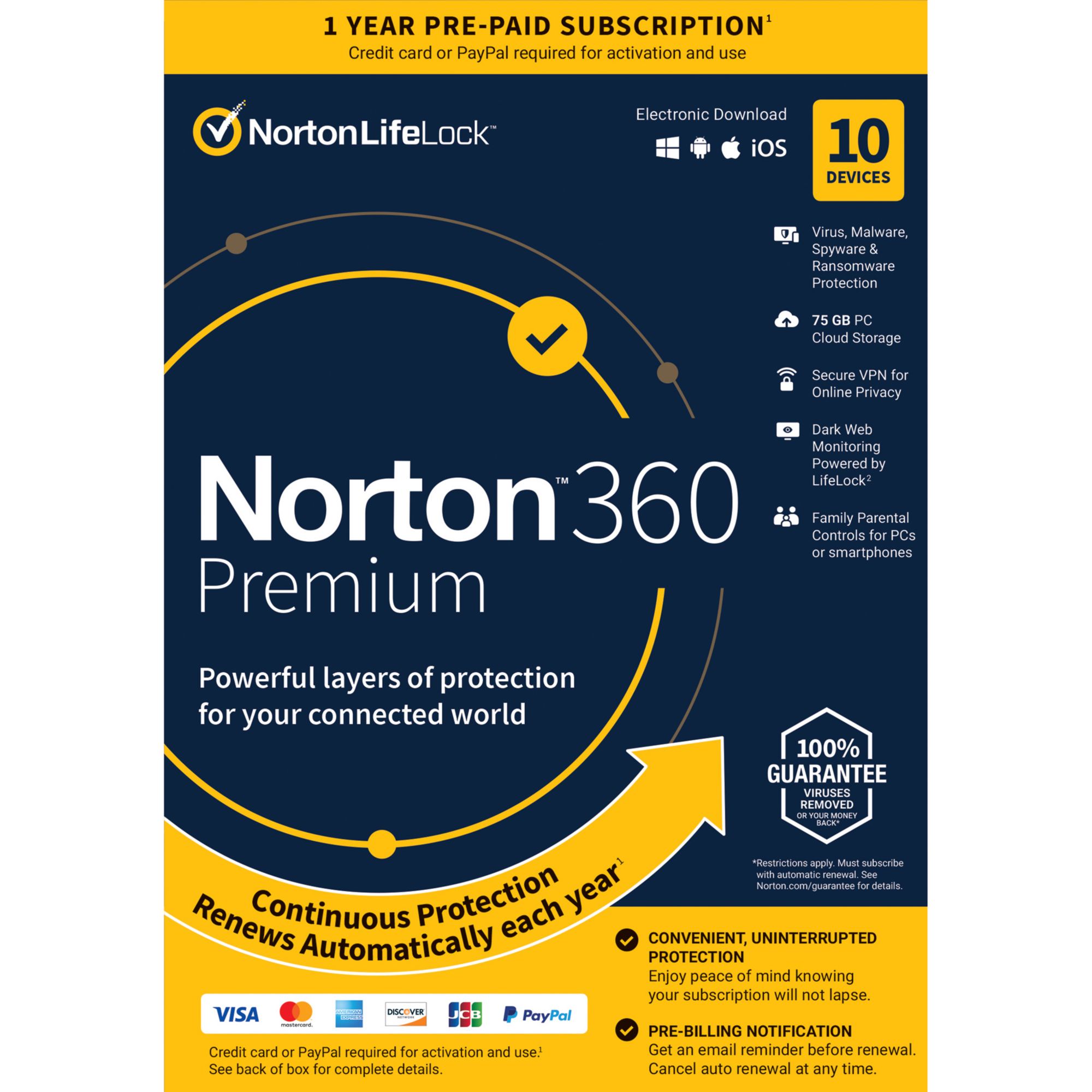 Norton 360 Premium, 10 Devices, 1-Year Subscription with Auto Renewal