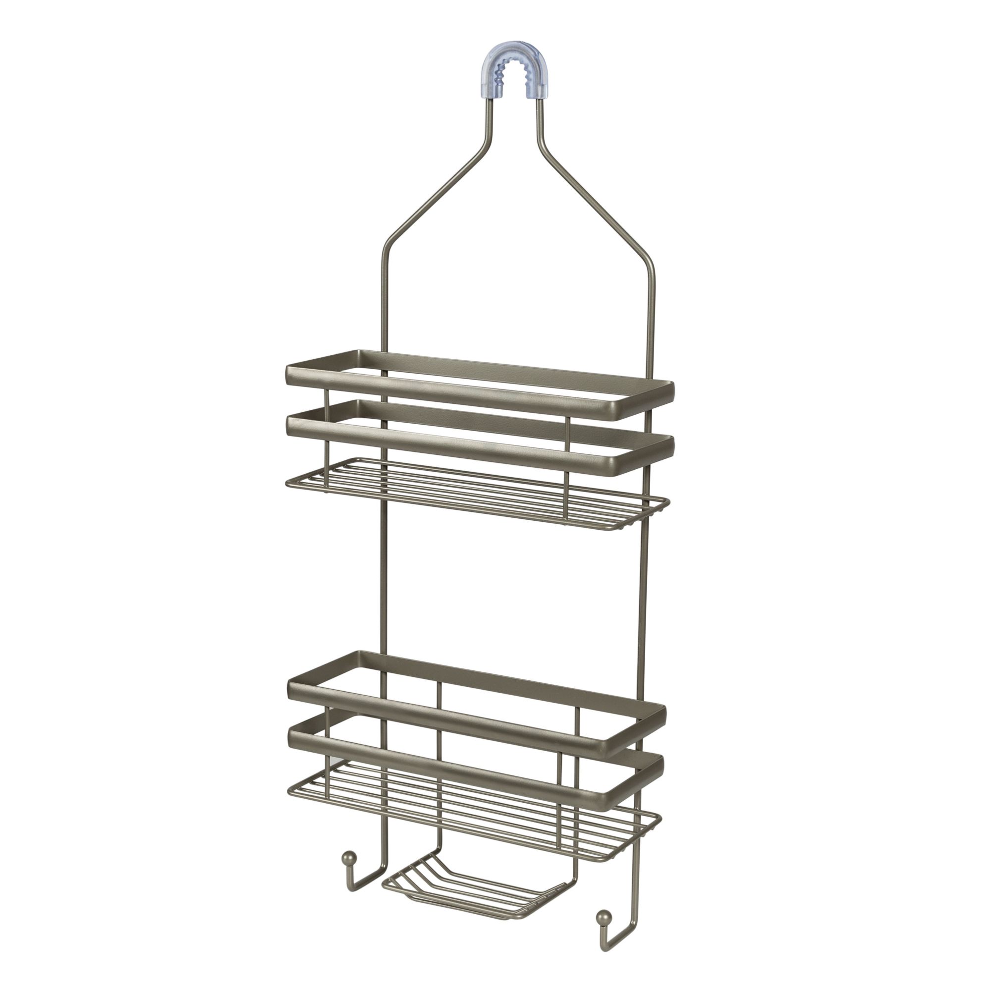 Home Basics Wave 2 Tier Aluminum Suction Shower Caddy with Integrated Hooks  and Soap Tray, Grey, SHOWER