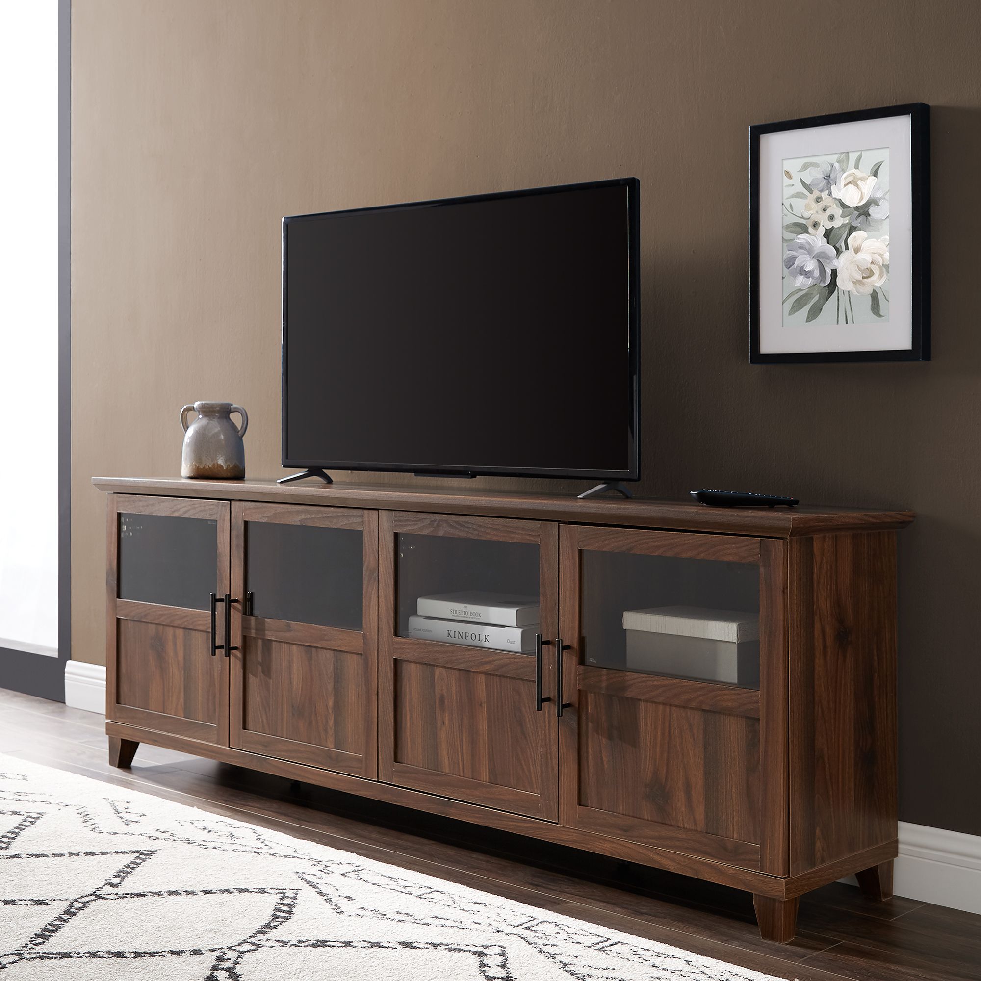 W Trends 70 Farmhouse Tall Tv Stand For Tvs Up To 78 Dark Walnut