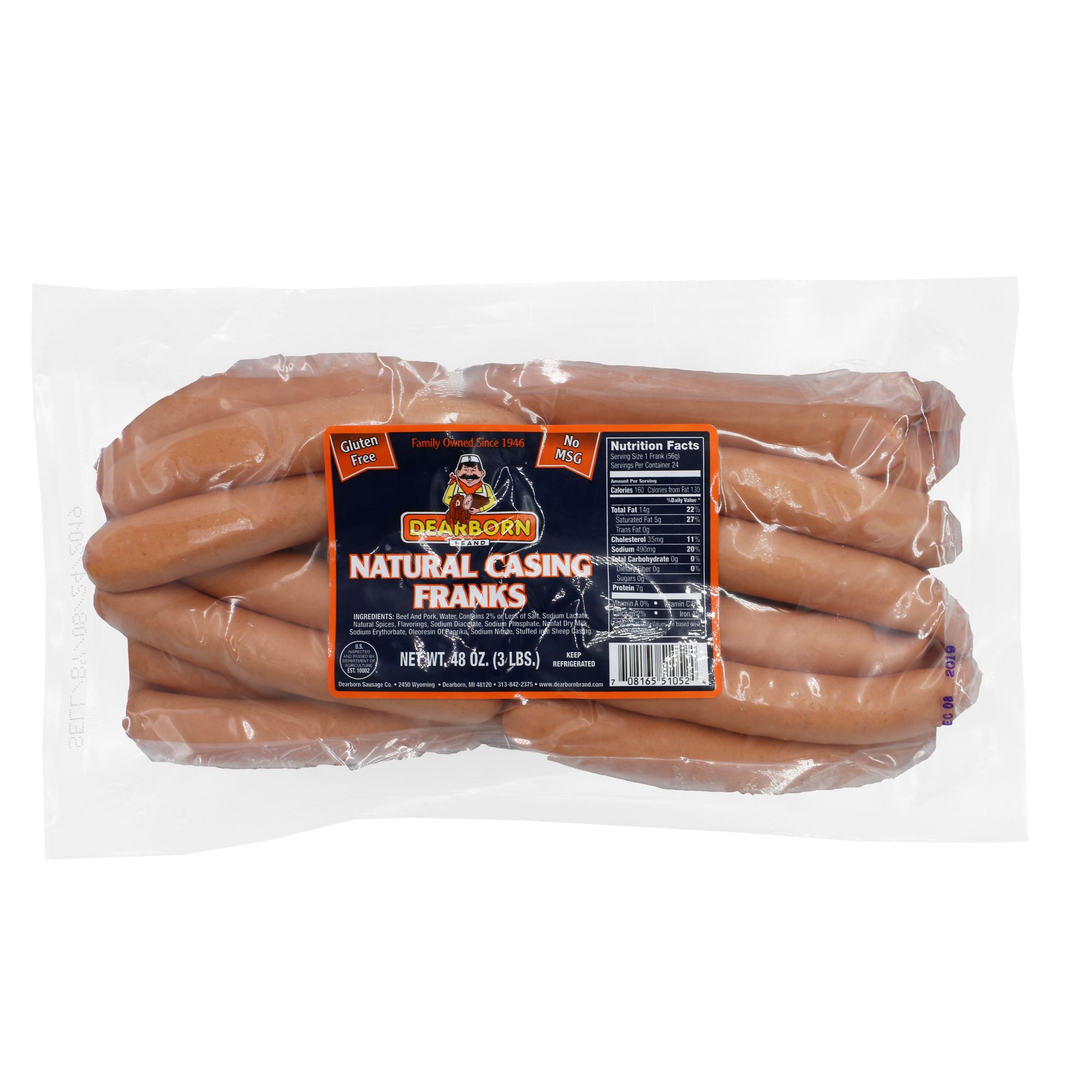 Dearborn Natural Casing Deli Franks, 3 lbs.