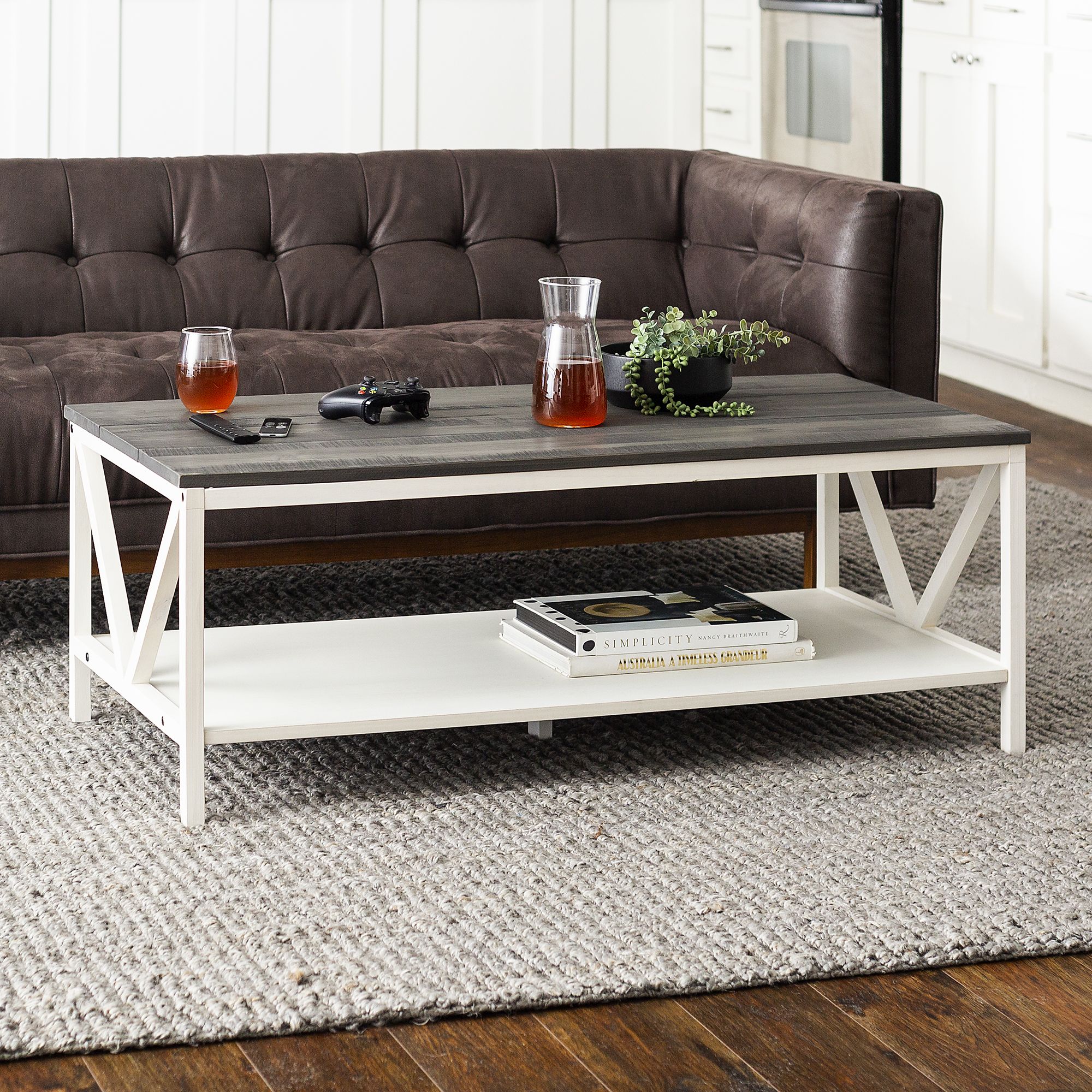 W. Trends 48&quot; Distressed Farmhouse Solid Wood Coffee Table - Gray and White Wash
