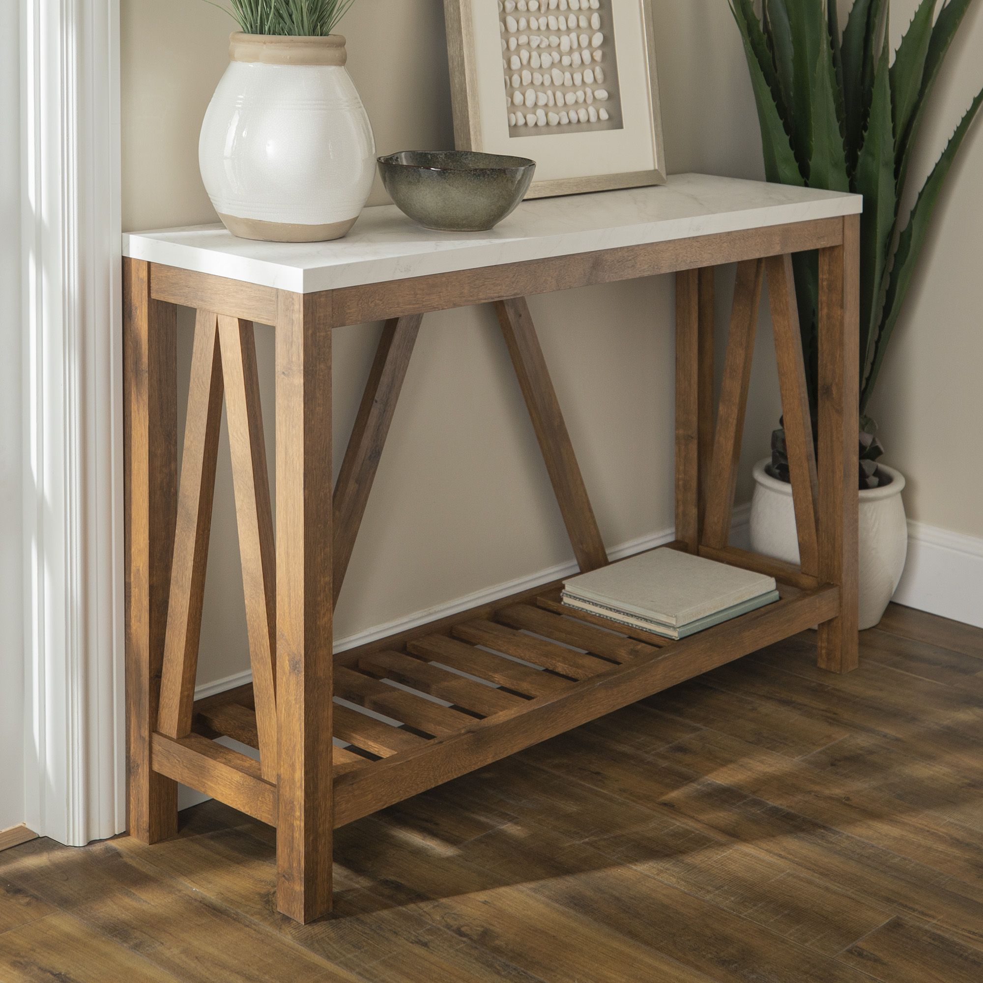 W. Trends 52&quot; Modern Farmhouse Entryway Console Table - Marble and Walnut